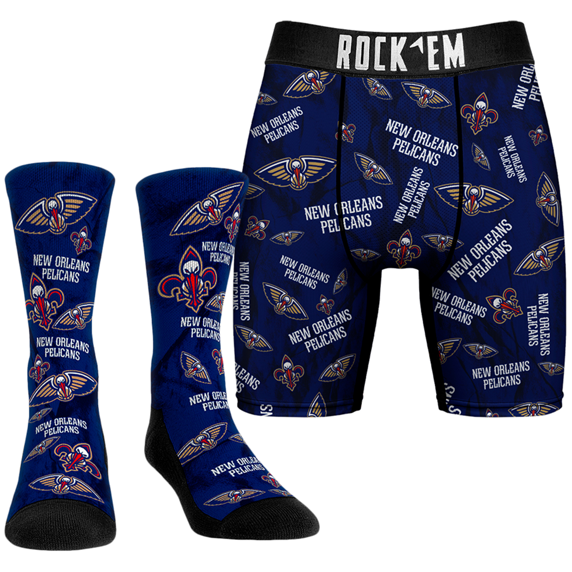 Men's Rock Em Socks Navy New Orleans Pelicans All-Over Logo Boxer Briefs & Crew Socks Combo Pack