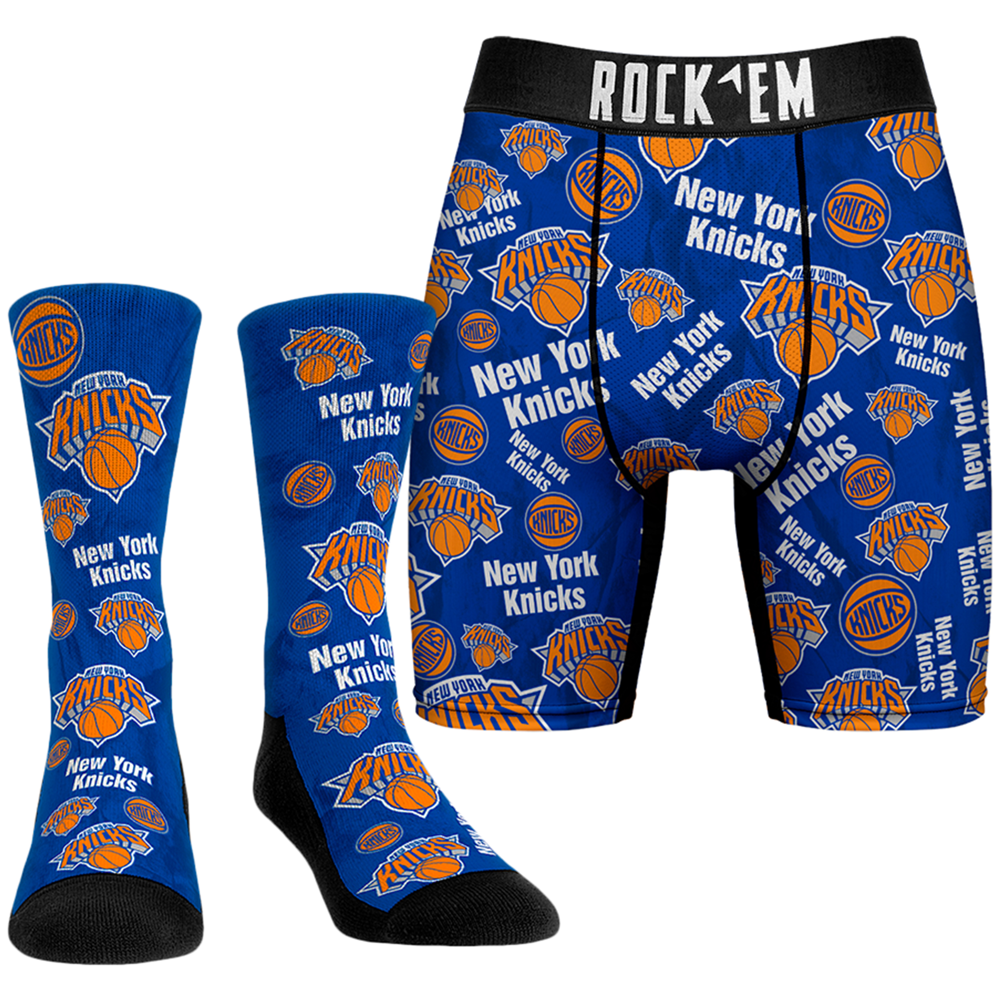 Men's Rock Em Socks Blue New York Knicks All-Over Logo Boxer Briefs & Crew Socks Combo Pack