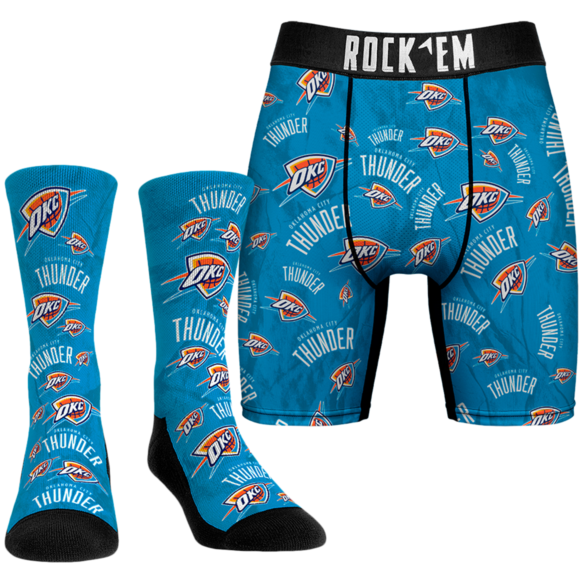 Men's Rock Em Socks Blue Oklahoma City Thunder All-Over Logo Boxer Briefs & Crew Socks Combo Pack