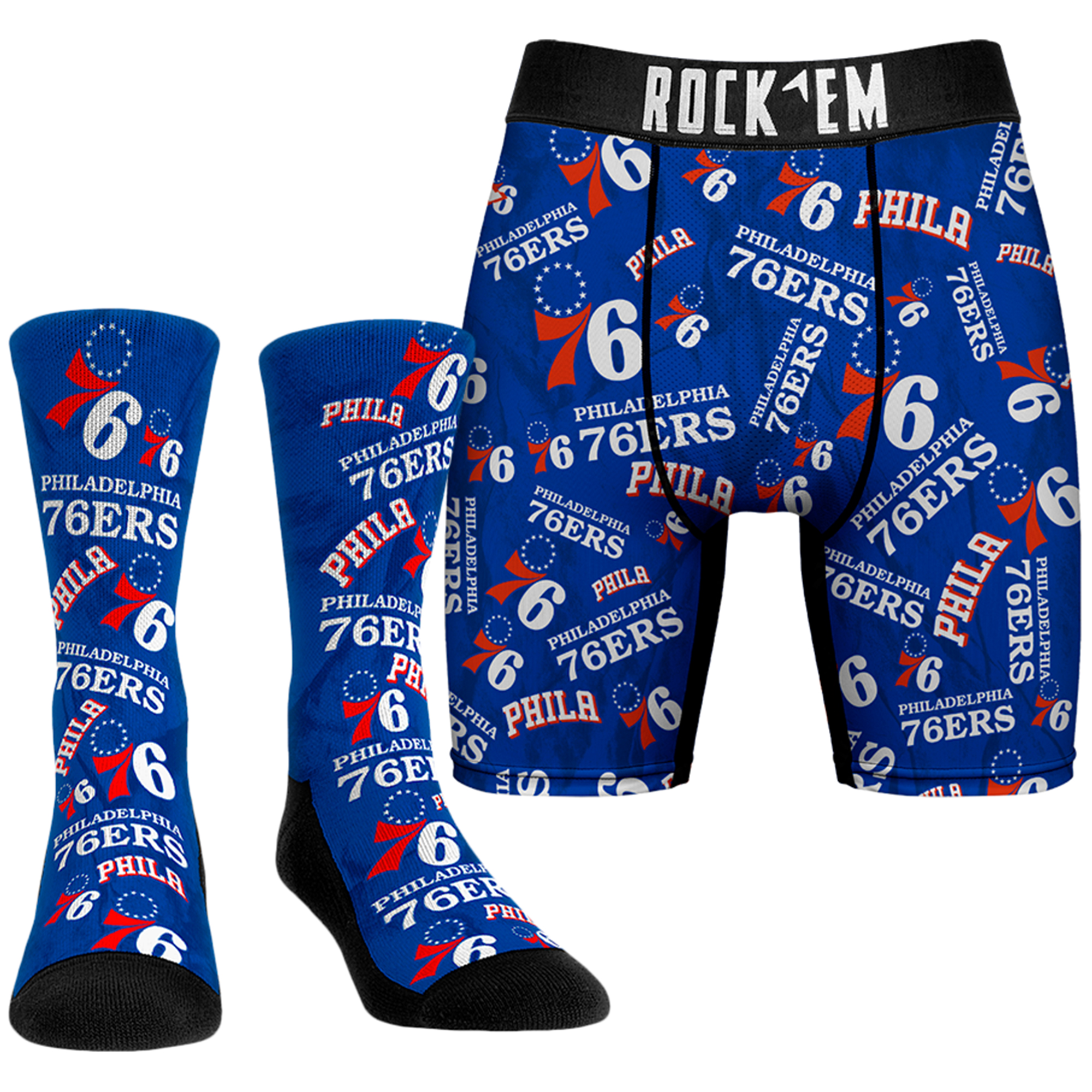 Men's Rock Em Socks Royal Philadelphia 76ers All-Over Logo Boxer Briefs & Crew Socks Combo Pack