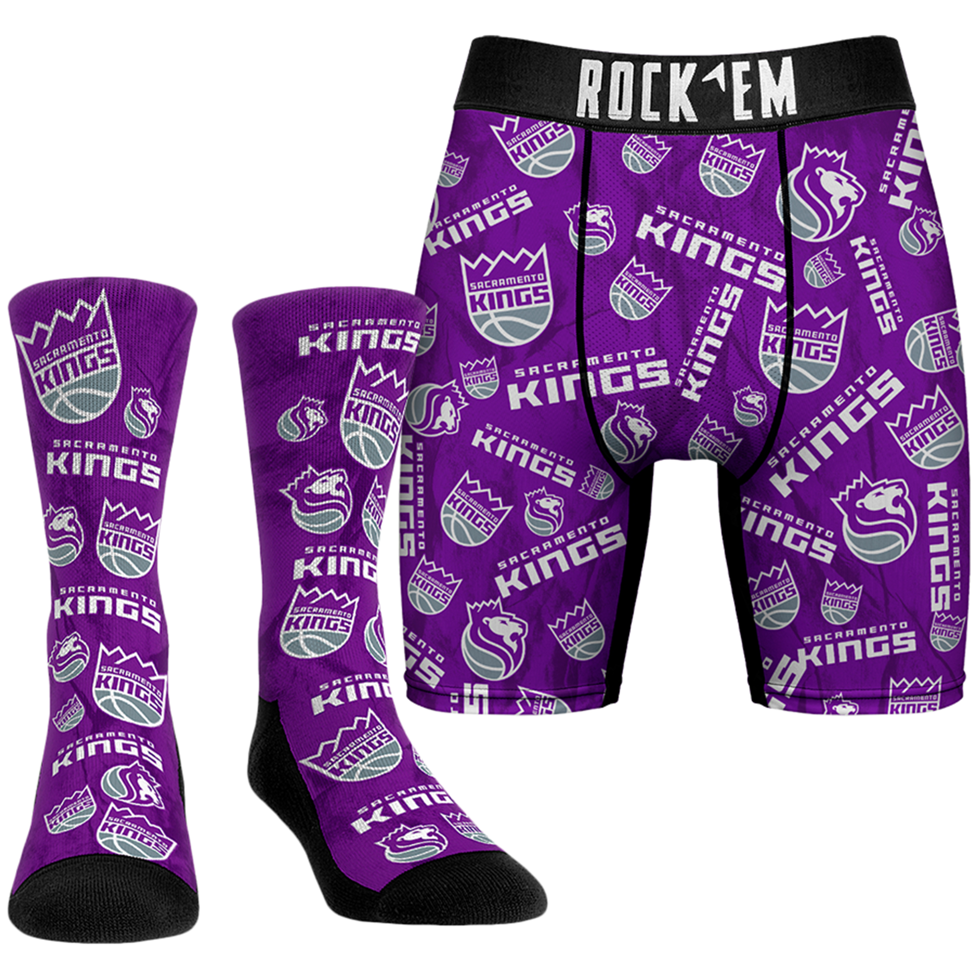 Men's Rock Em Socks Purple Sacramento Kings All-Over Logo Boxer Briefs & Crew Socks Combo Pack