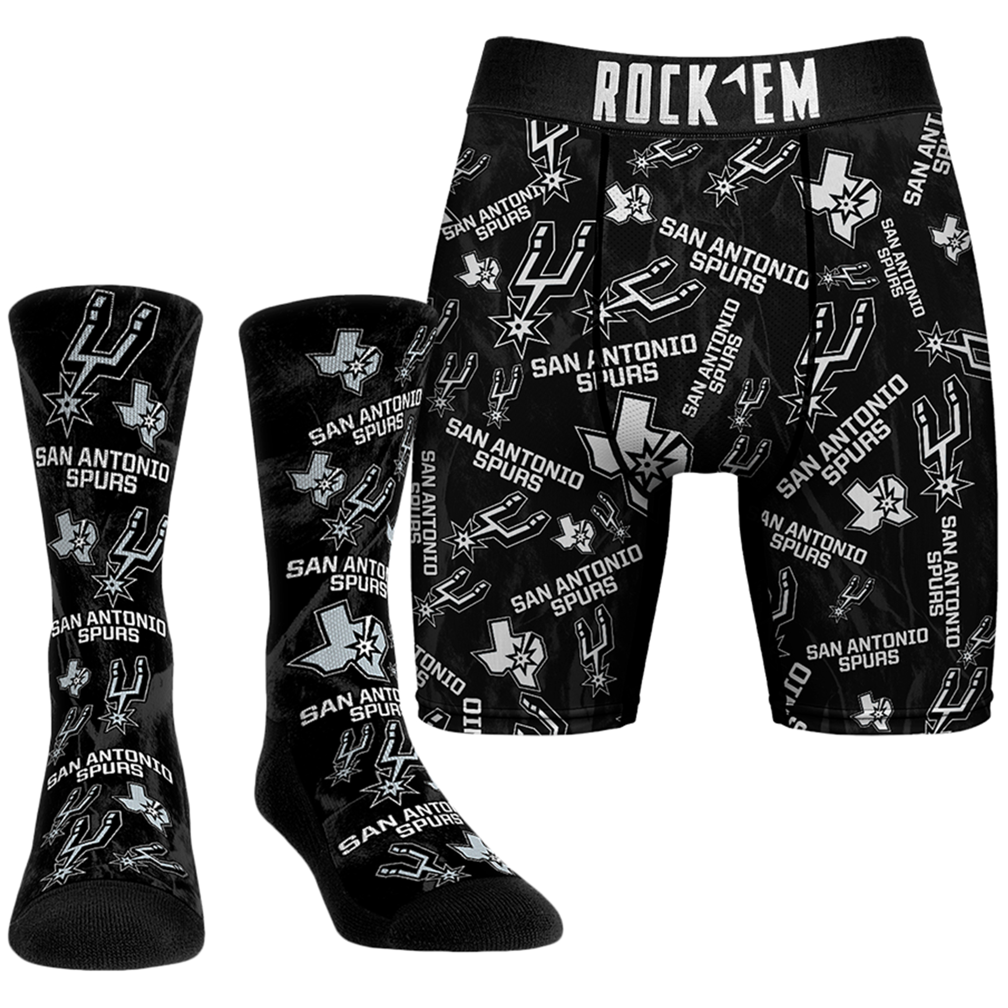 Men's Rock Em Socks Black San Antonio Spurs All-Over Logo Boxer Briefs & Crew Socks Combo Pack