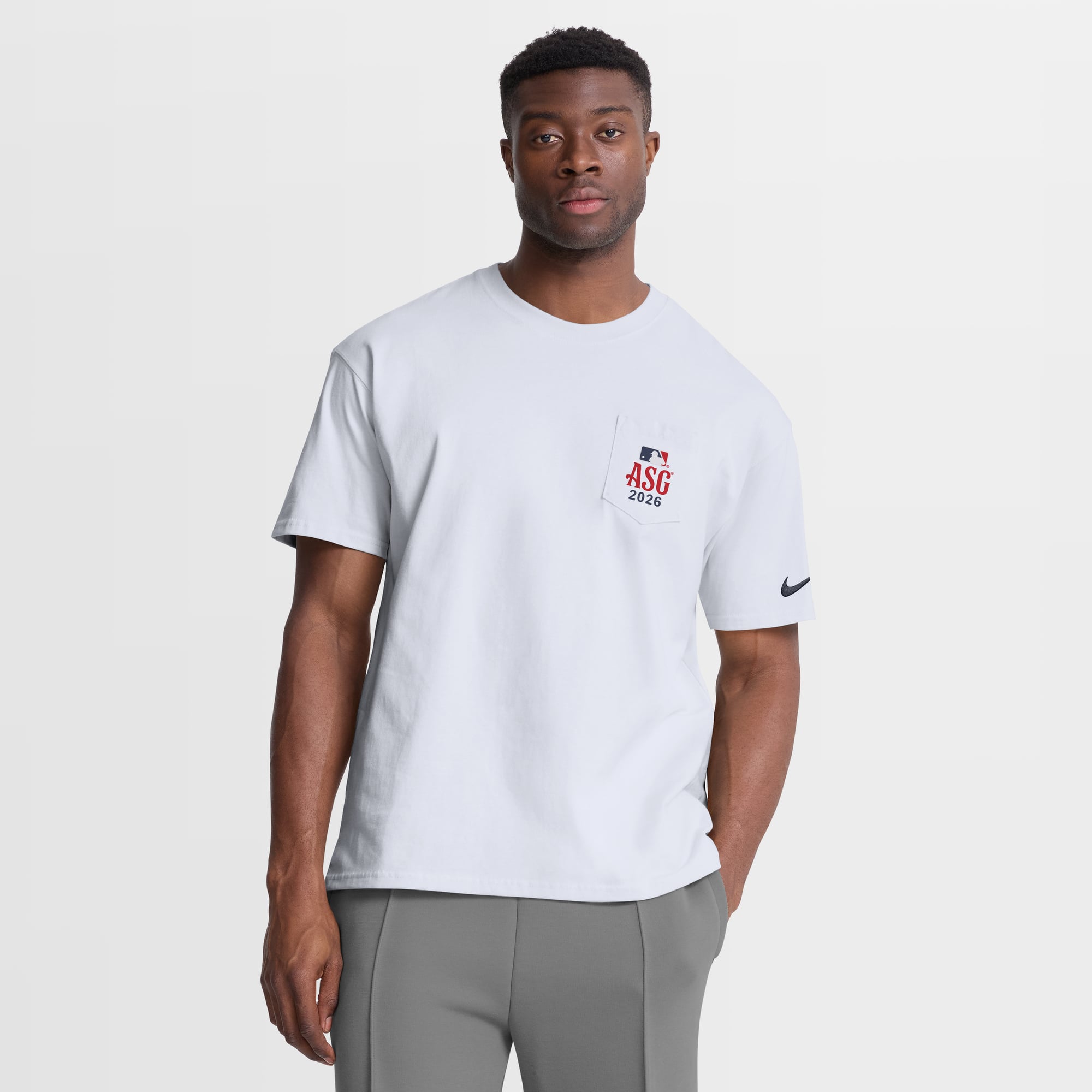 T-shirt da uomo Nike bianca 2026 MLB All-Star Game Max90 con taschino