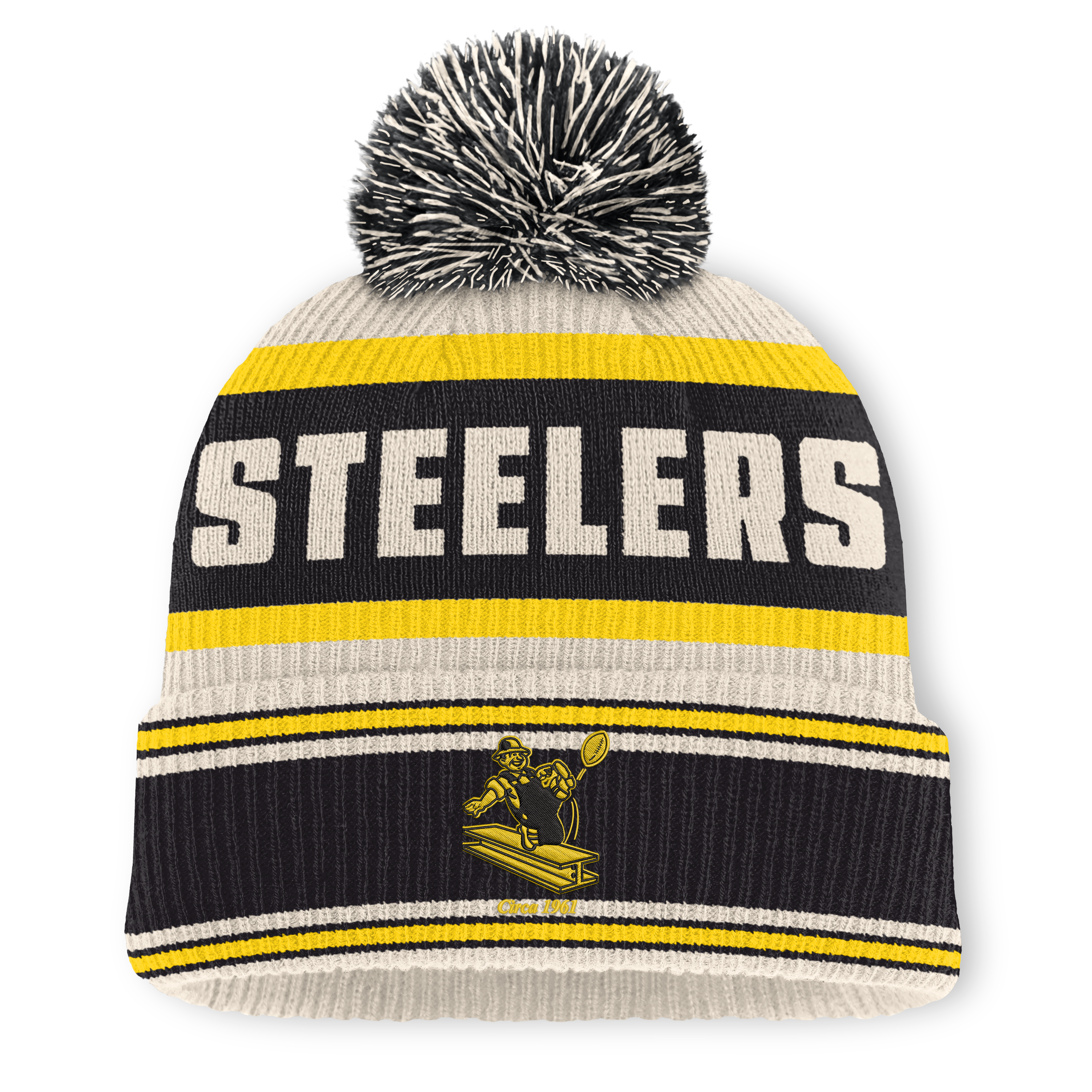 Men's Fanatics Black Pittsburgh Steelers Heritage Parcel Cuffed Knit Hat with Pom