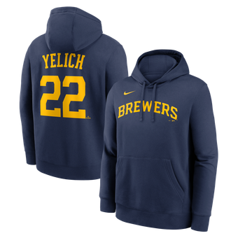 Men's Nike Christian Yelich Navy Milwaukee Brewers Name & Number Club Fleece Pullover Hoodie
