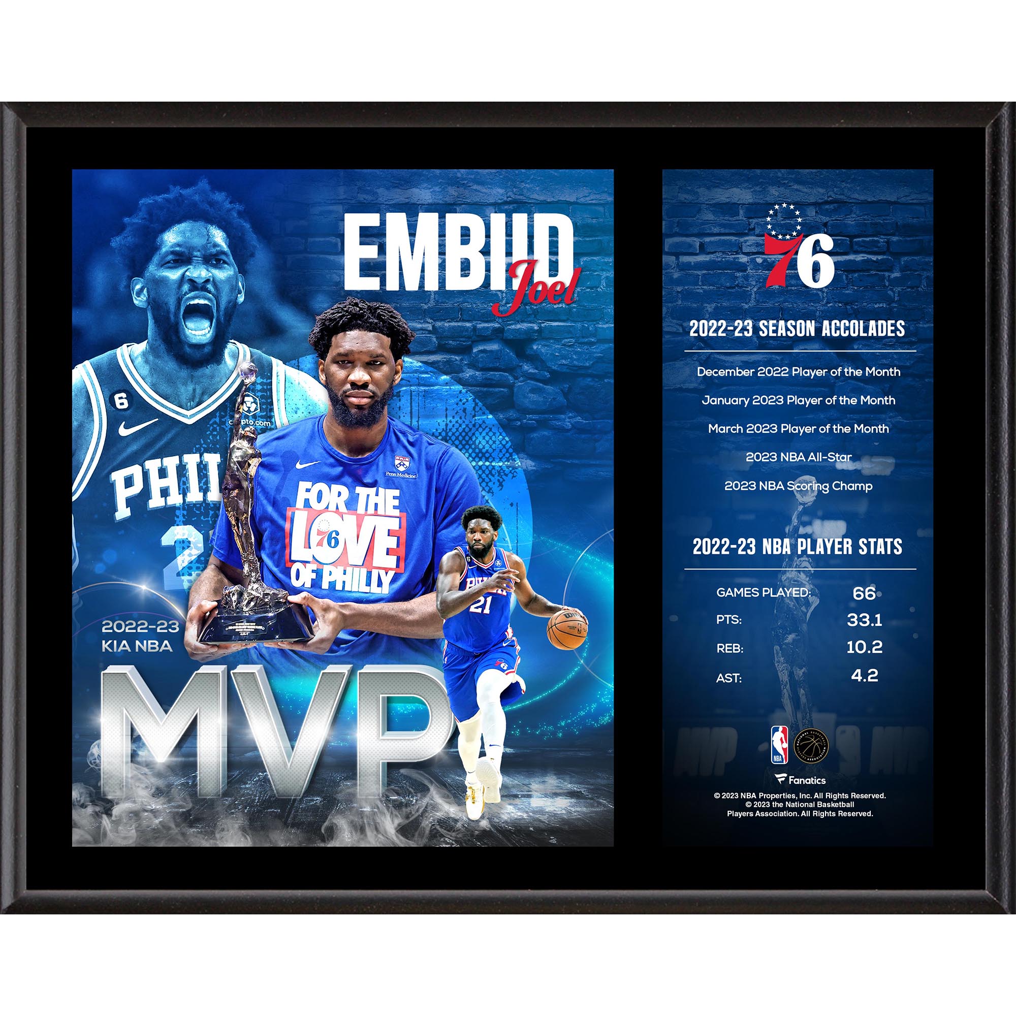 Joel Embiid Philadelphia 76ers 12" x 15" 2022-23 NBA MVP Sublimated Plaque