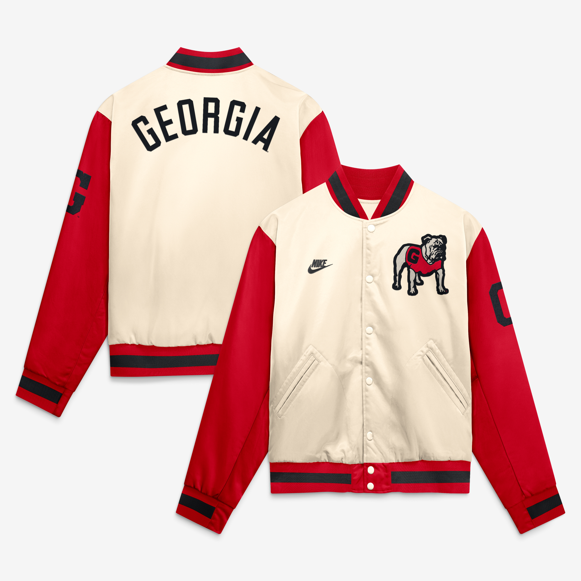 Men’s Nike Natural/Red Georgia Bulldogs Legacy Full-Snap Bomber Jacket Men’s Nike Natural/Red Georgia Bulldogs Legacy Full-Snap Bomber Jacket