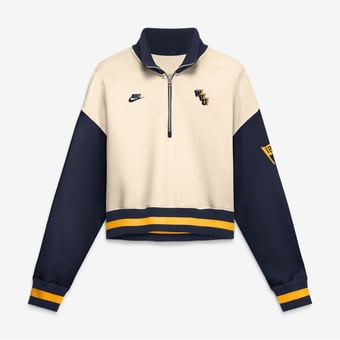 Women's Nike Natural/Navy West Virginia Mountaineers Oversized Legacy Color Block Cropped Quarter-Zip Pullover
