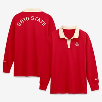 Women's Nike Scarlet Ohio State Buckeyes Oversized Essential Dri-FIT Long Sleeve V-Neck Polo