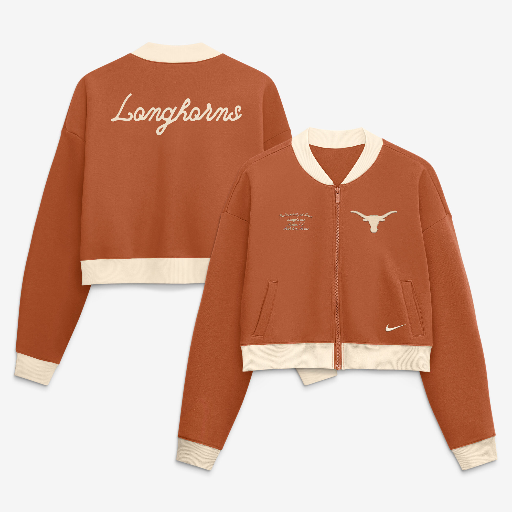 Women's Nike Texas Orange Texas Longhorns Oversized Academic Cropped Full-Zip Bomber Jacket