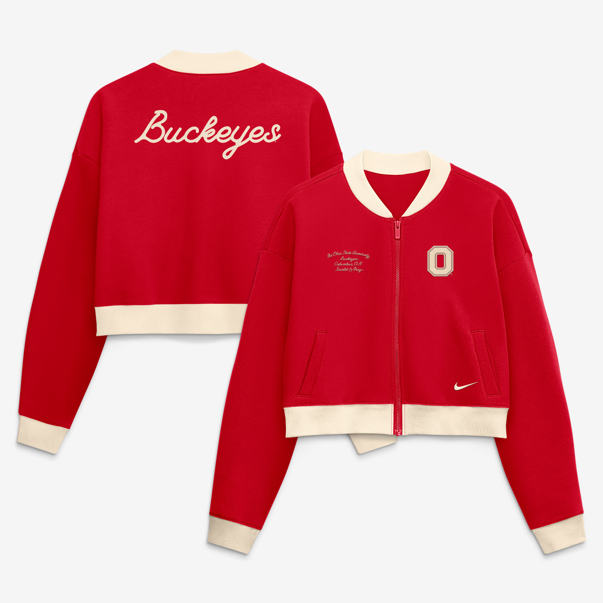 Women's Nike Scarlet Ohio State Buckeyes Oversized Academic Cropped Full-Zip Bomber Jacket