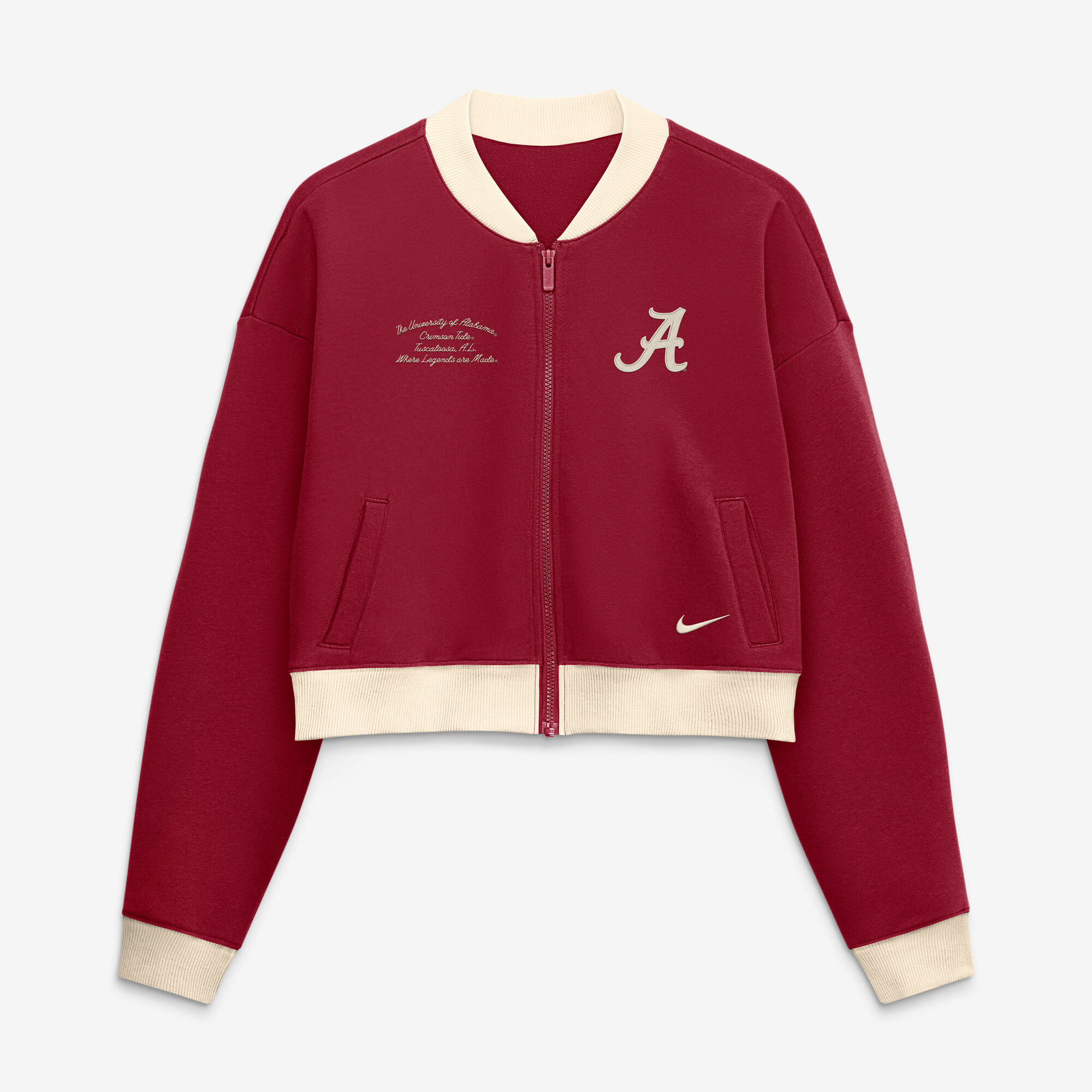 Women's Nike Crimson Alabama Crimson Tide Oversized Academic Cropped Full-Zip Bomber Jacket
