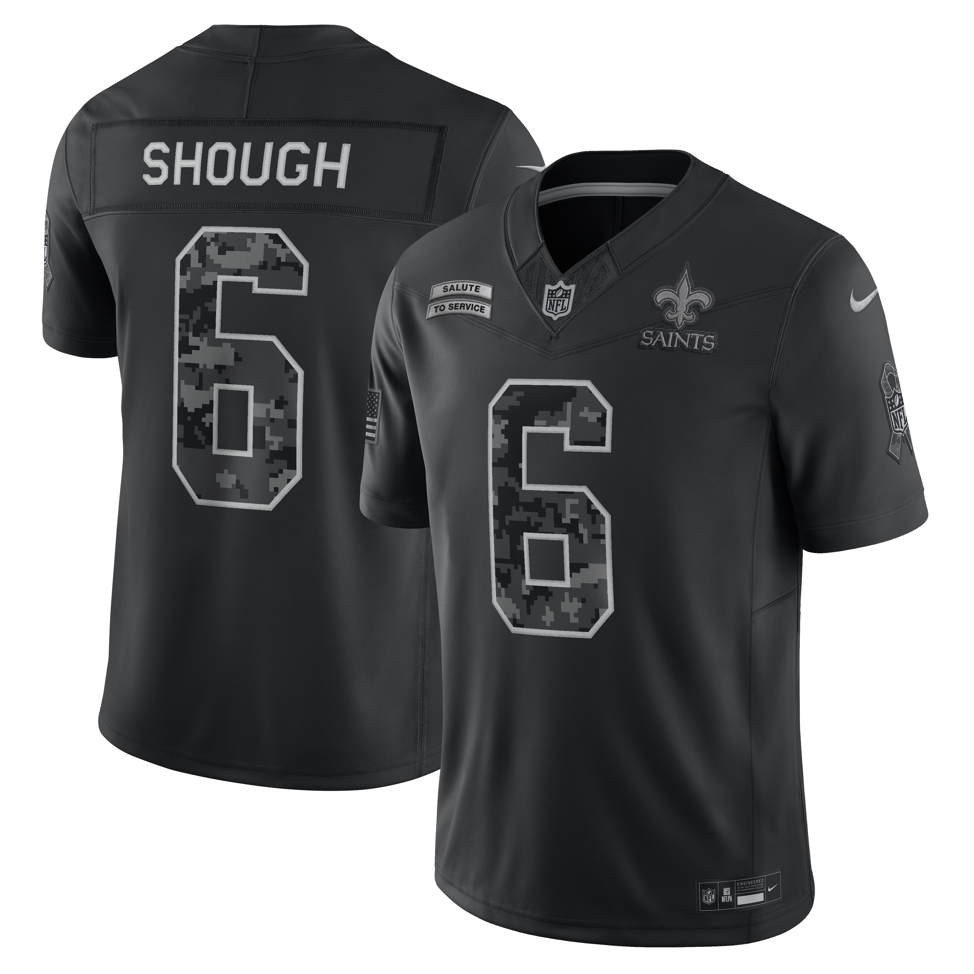 Men's Nike Tyler Shough Black New Orleans Saints 2026 Salute to Service Stitched Limited Jersey