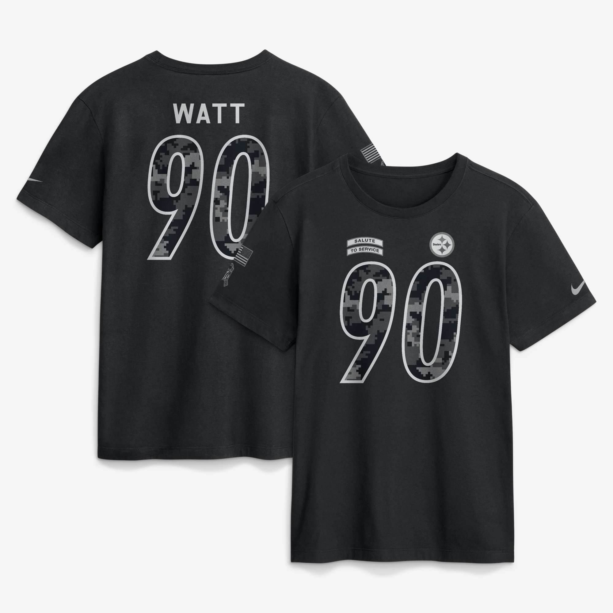 Camiseta Nike para hombre T.J. Watt negra Pittsburgh Steelers 2026 Salute to Service con nombre y número.