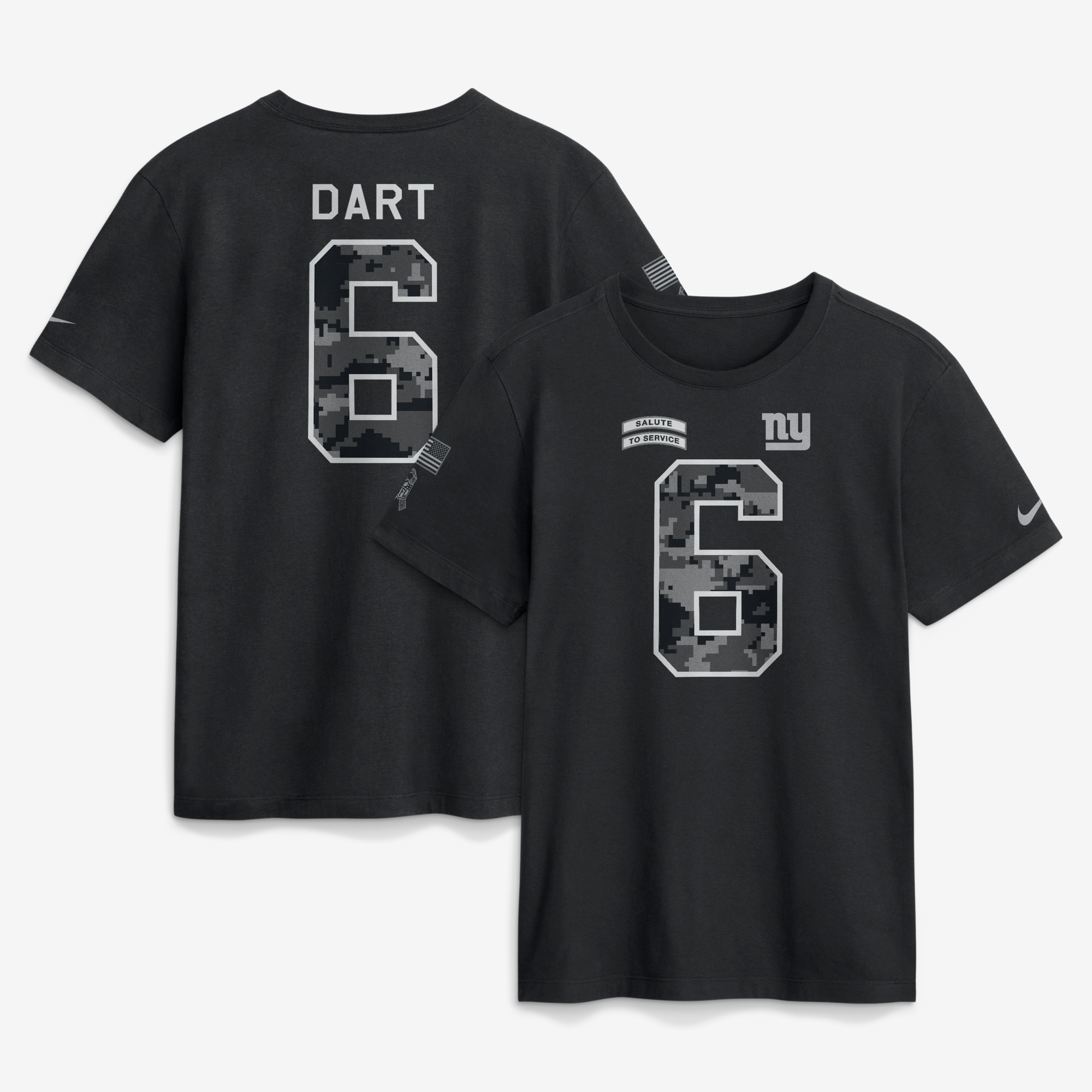 Camiseta Nike Jaxson Dart negra para hombre de los New York Giants 2026, con nombre y número, en homenaje al servicio militar.