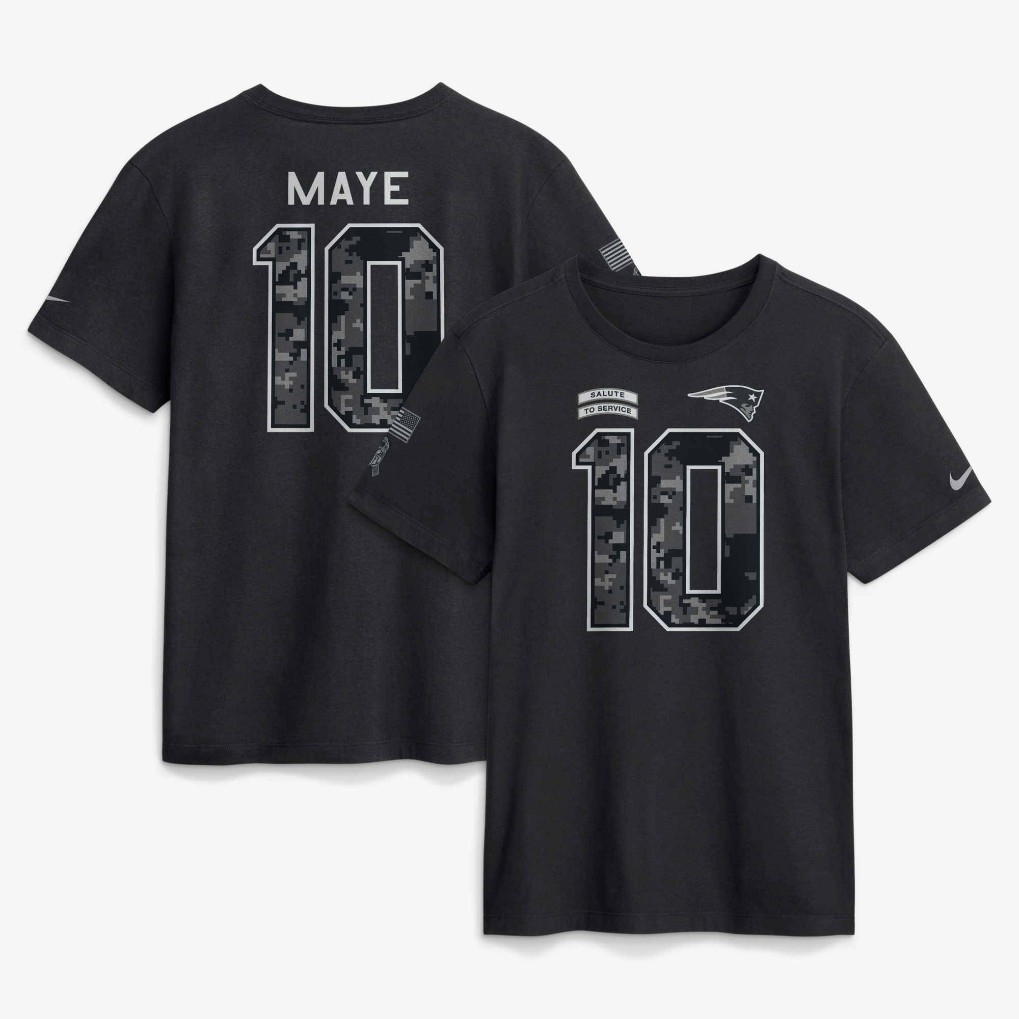Camiseta Nike Drake Maye negra para hombre de los New England Patriots 2026, homenaje al servicio, con nombre y número.