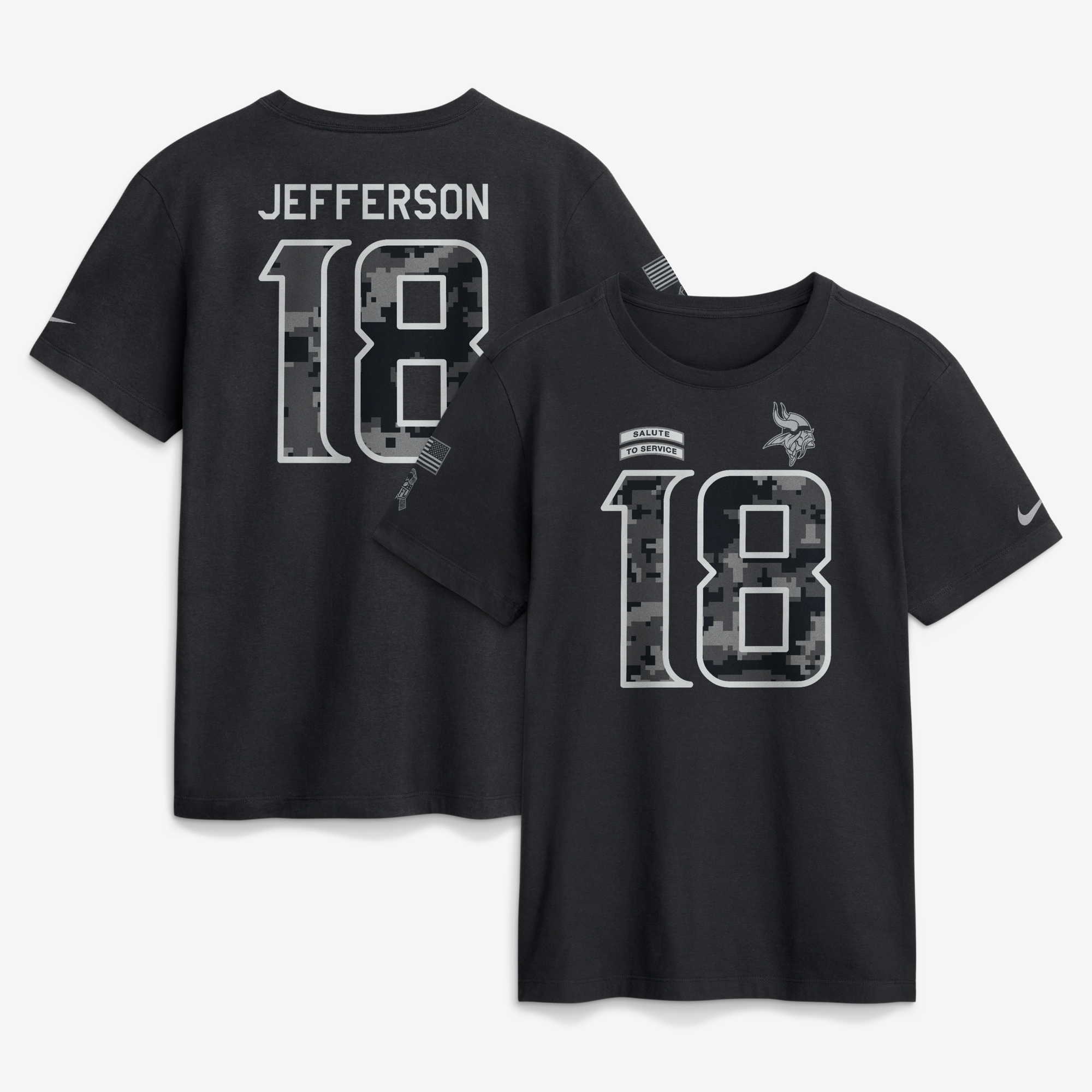 Camiseta Nike Justin Jefferson negra para hombre de los Minnesota Vikings 2026, con nombre y número, en homenaje al servicio.