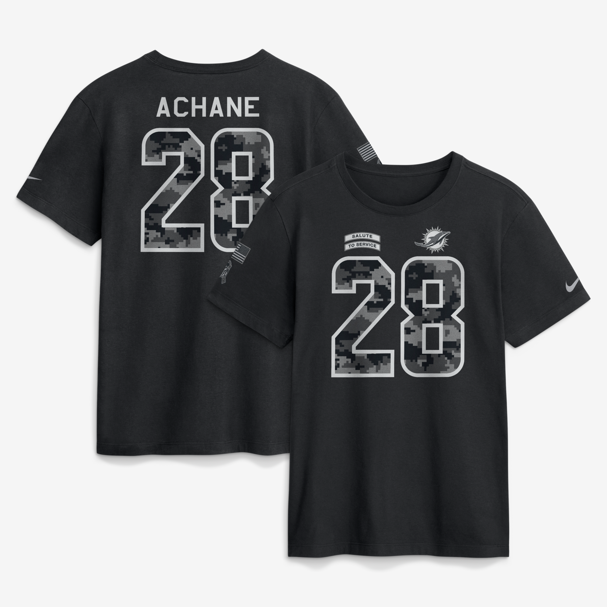 Camiseta Nike De’Von Achane negra para hombre de los Miami Dolphins 2026, homenaje al servicio, con nombre y número.