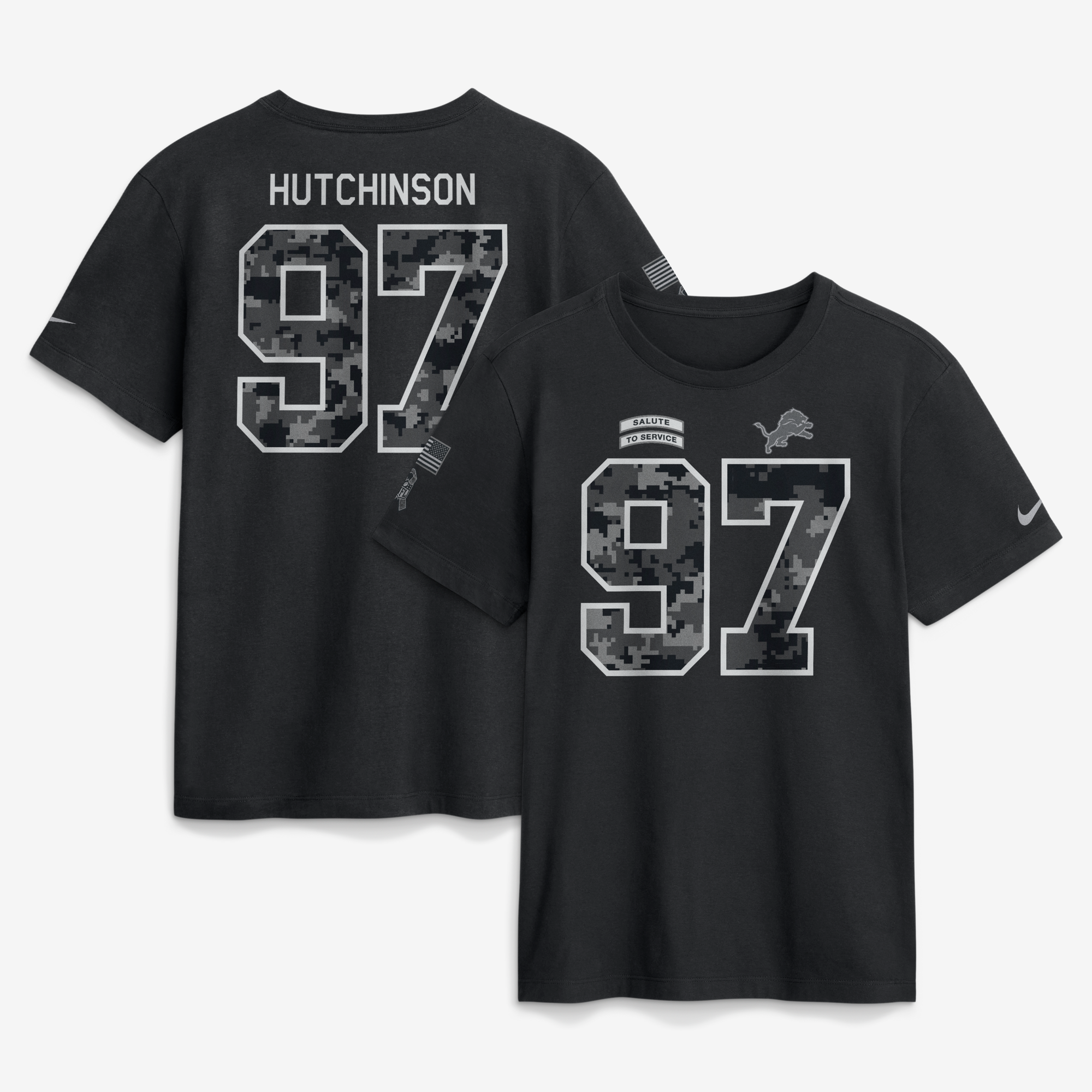 Camiseta Nike para hombre Aidan Hutchinson negra Detroit Lions 2026 Salute to Service con nombre y número.