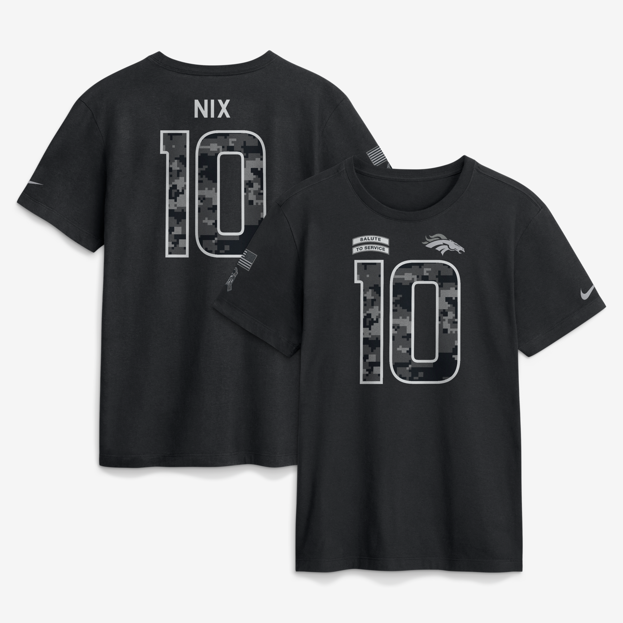 Camiseta Nike Bo Nix negra para hombre de los Denver Broncos 2026, con nombre y número, en homenaje al servicio.