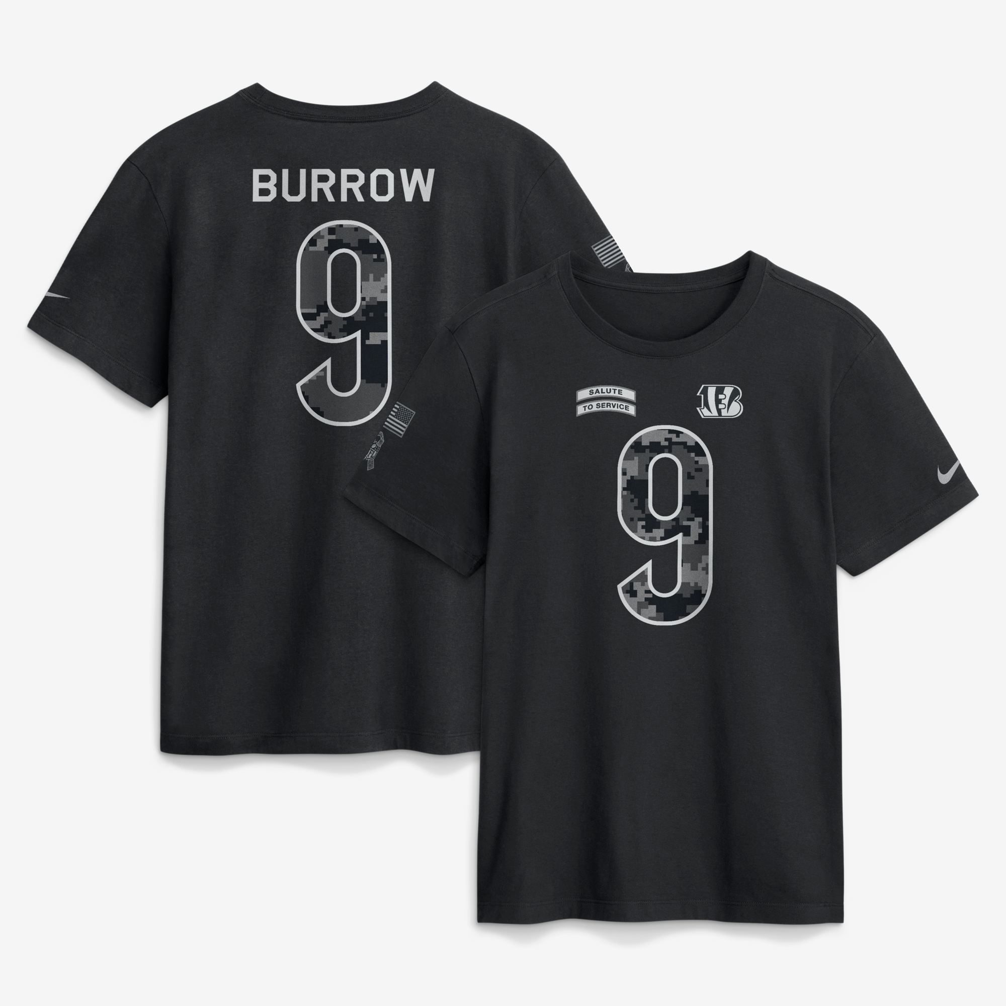 Camiseta Nike para hombre Joe Burrow negra Cincinnati Bengals 2026 Salute to Service con nombre y número