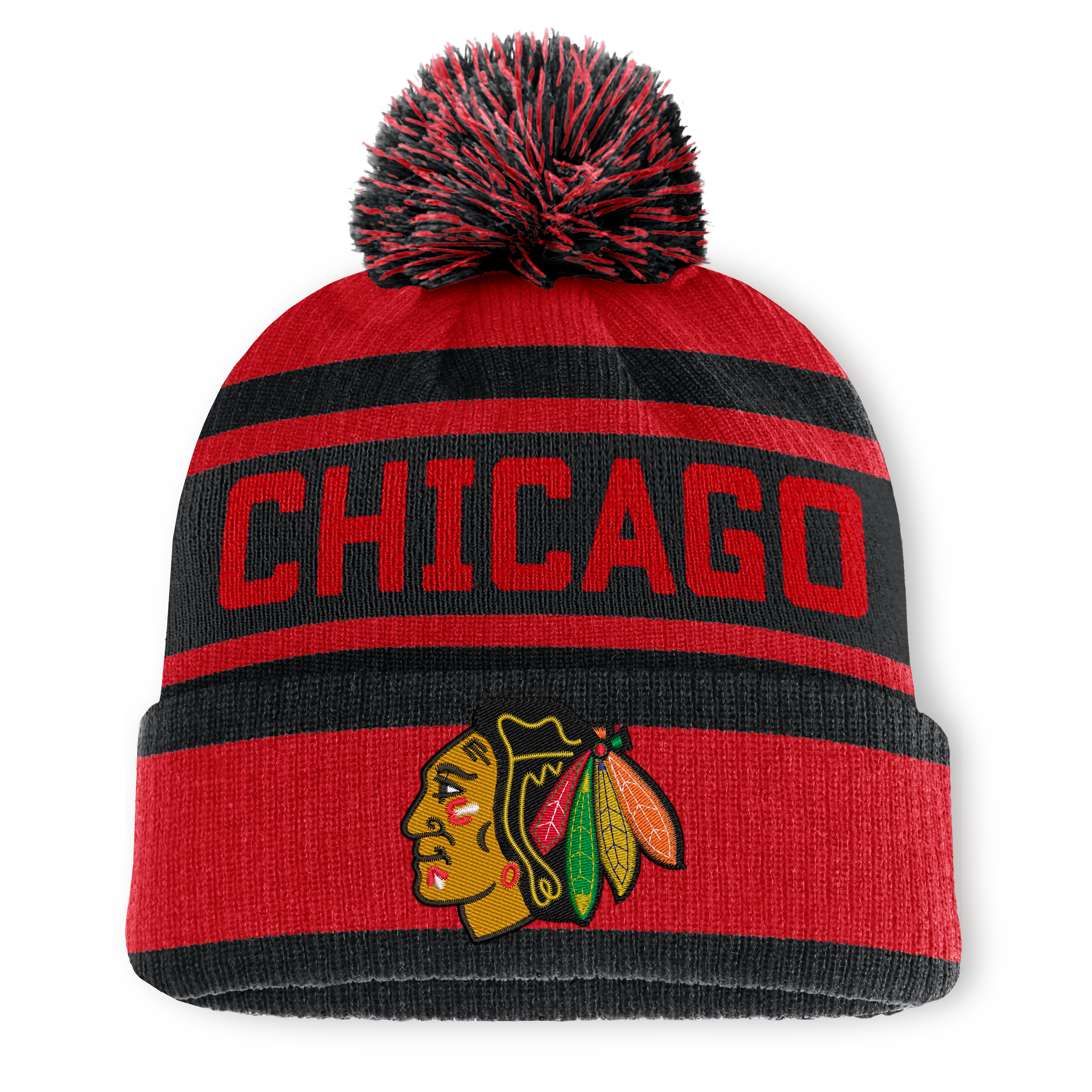 Men's Fanatics Red/Black Chicago Blackhawks Fundamental Cuffed Knit Hat with Pom