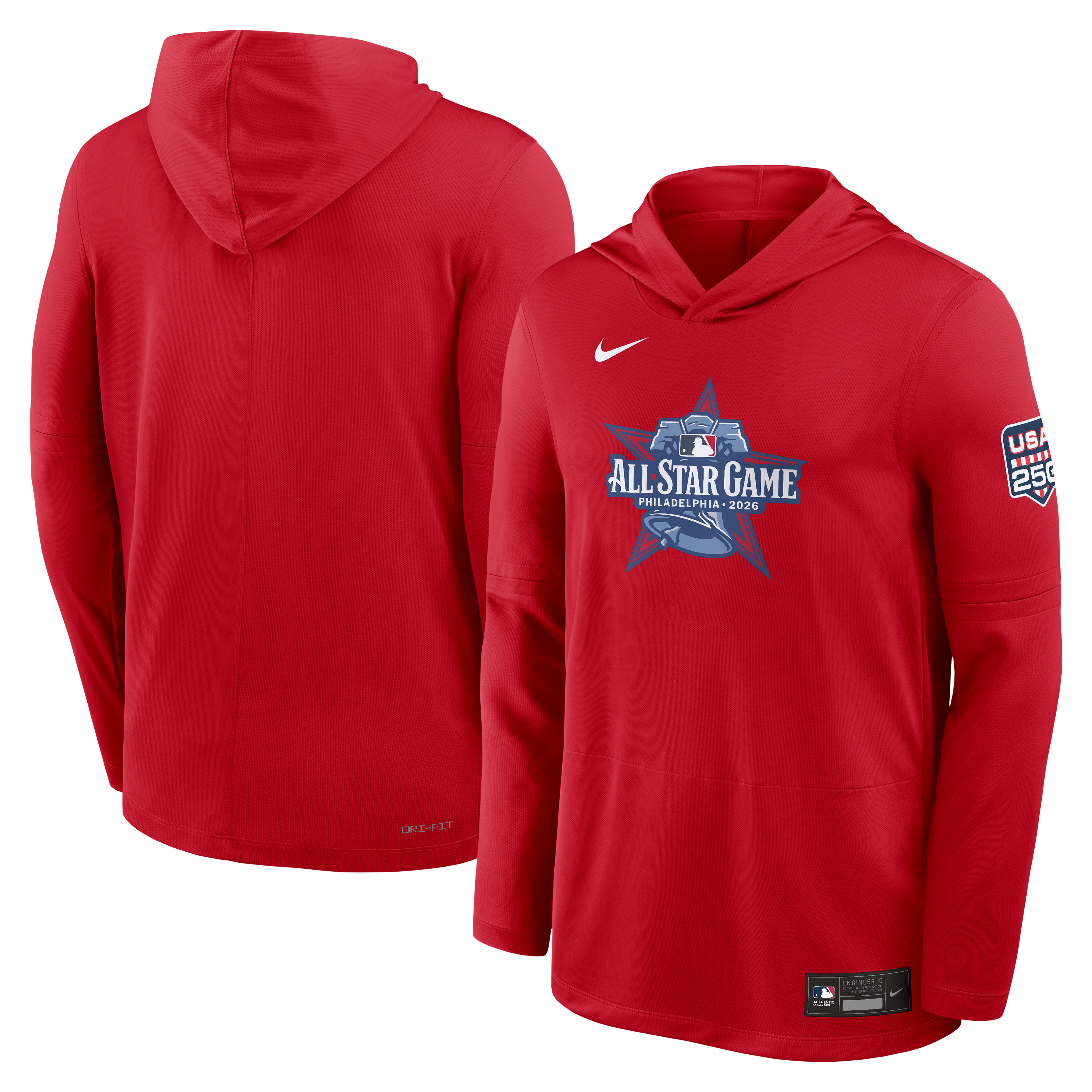 Men's Nike Red 2026 MLB All-Star Game Authentic Collection Dri-FIT Long Sleeve Hooded T-Shirt