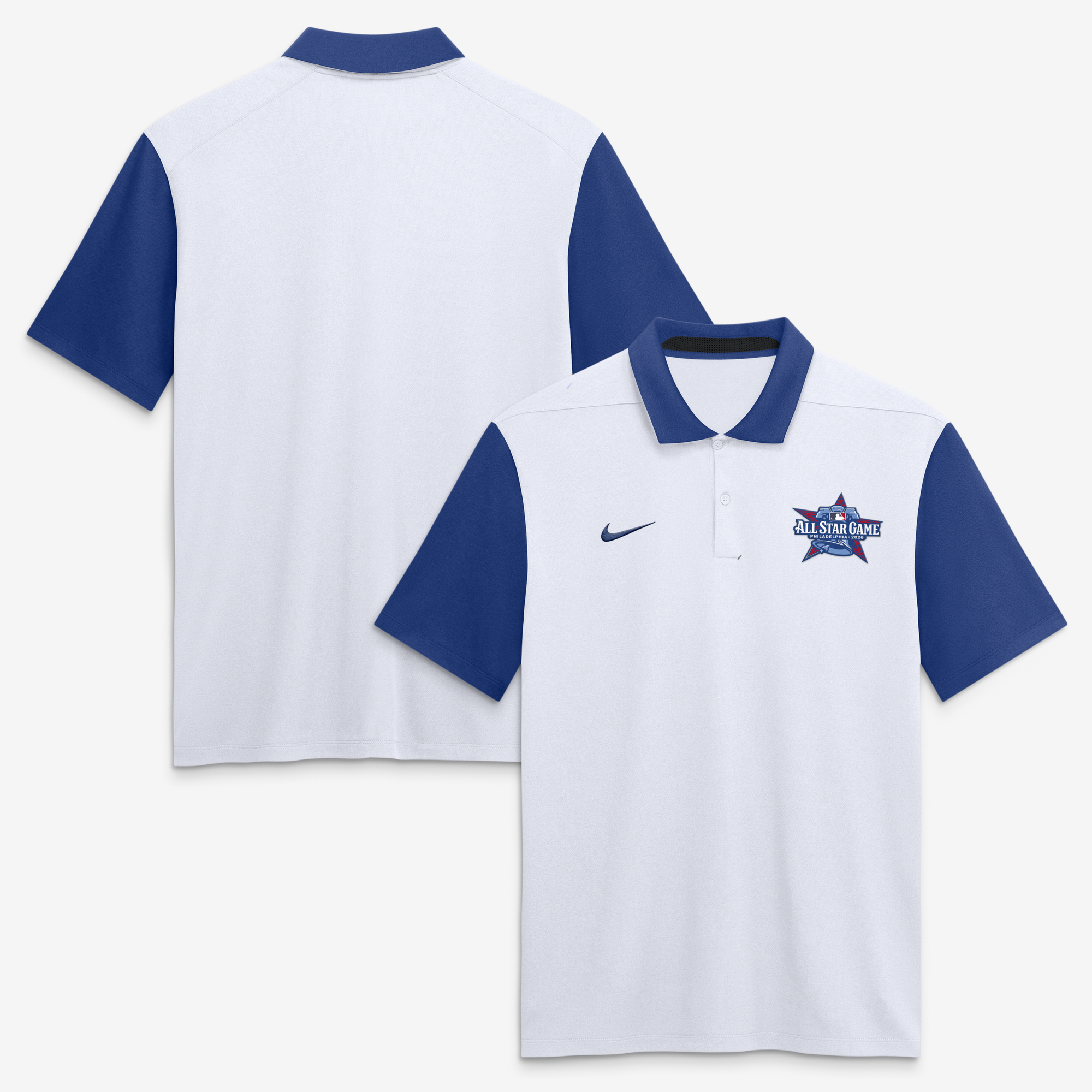 Polo da uomo Nike Vapor Dri-FIT della collezione Authentic MLB All-Star Game 2026, colore bianco/blu royal.