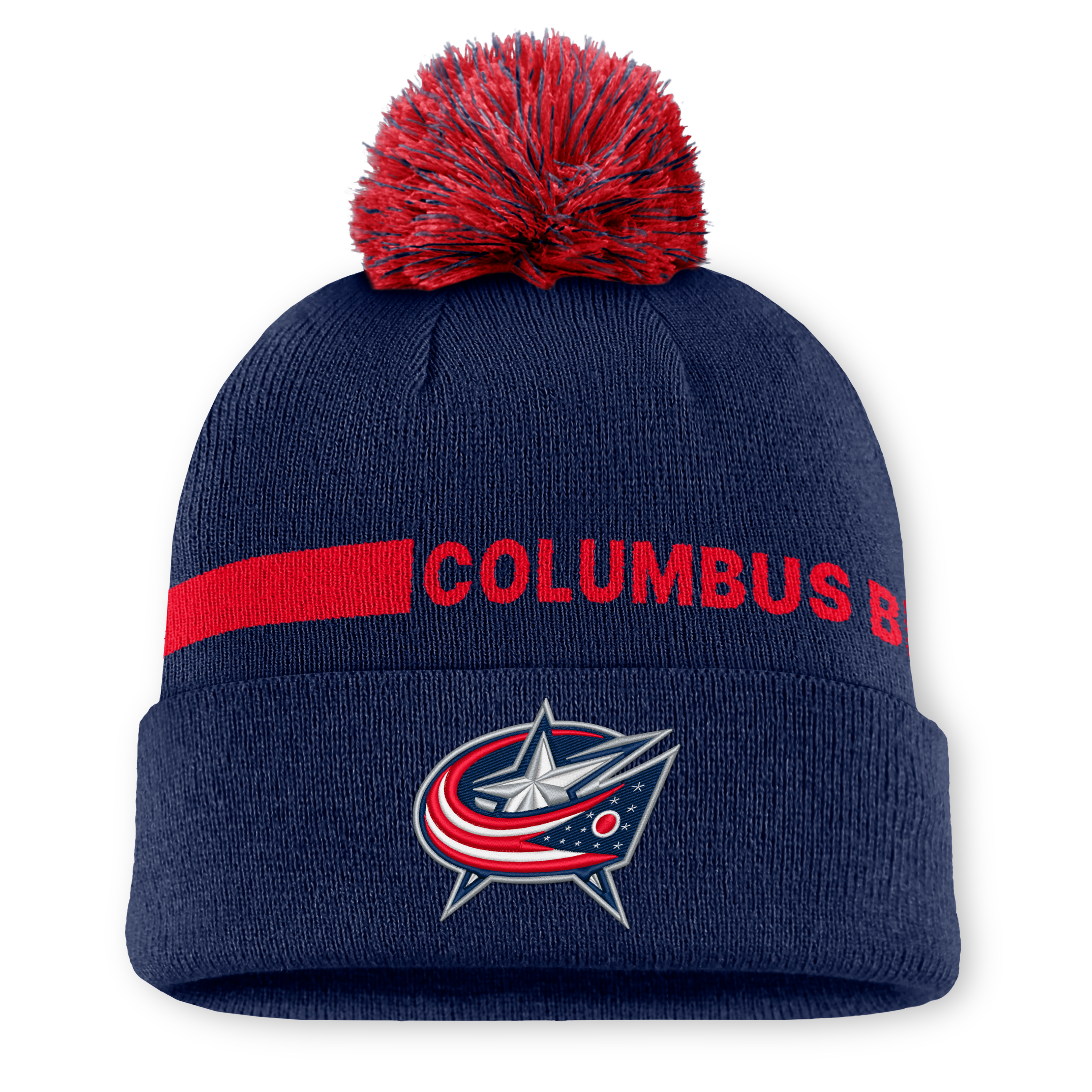 Men's Fanatics Navy Columbus Blue Jackets Authentic Pro Rink Cuffed Knit Hat with Pom
