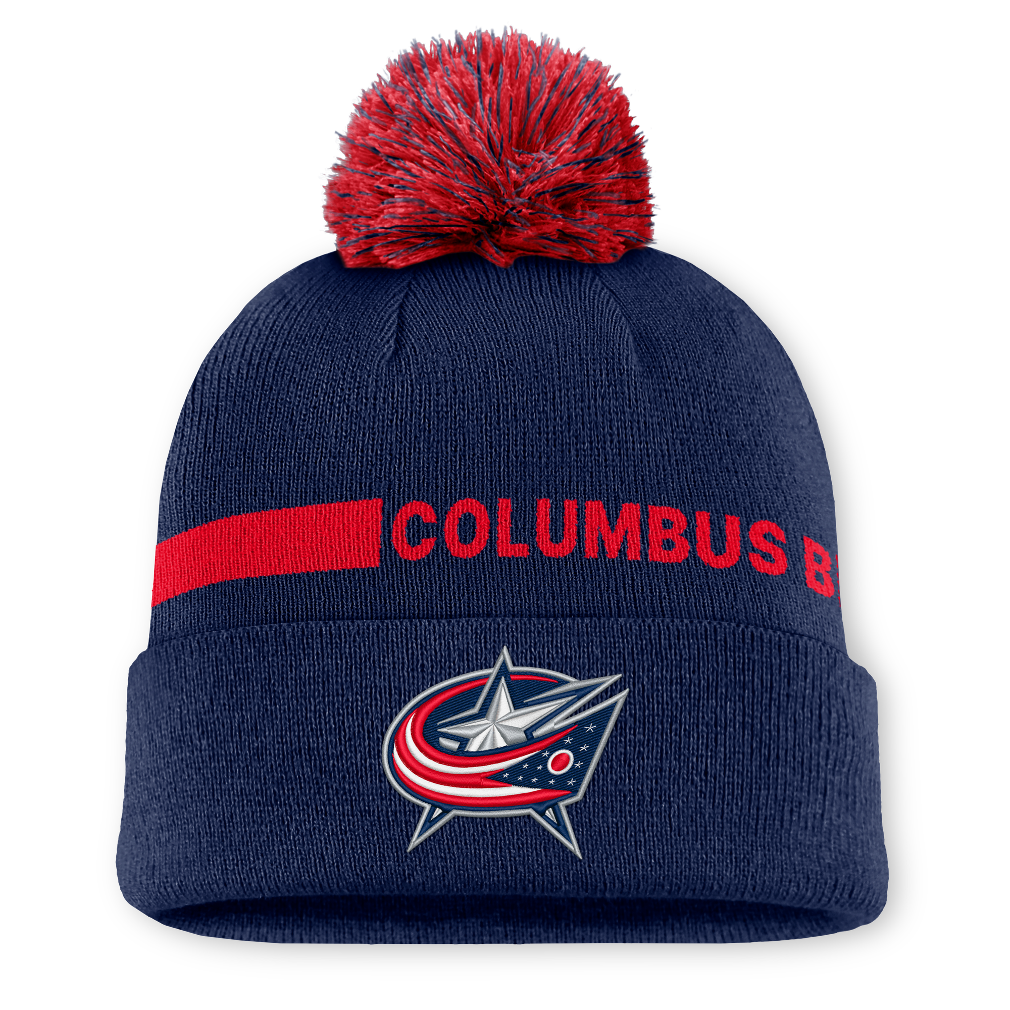 Men's Fanatics Navy Columbus Blue Jackets Authentic Pro Rink Cuffed Knit Hat with Pom