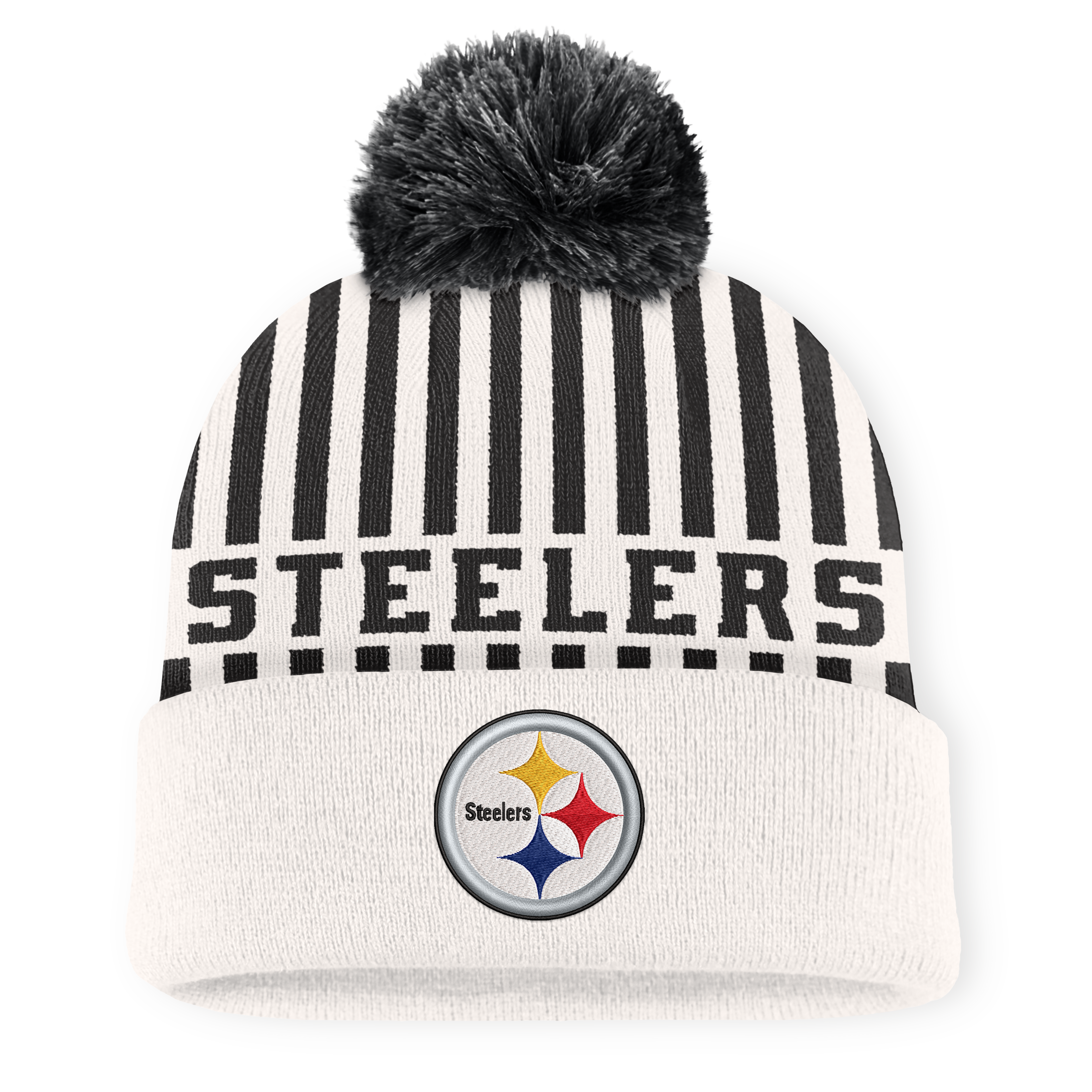 Men's Fanatics Cream/Black Pittsburgh Steelers Streak Cuffed Knit Hat with Pom