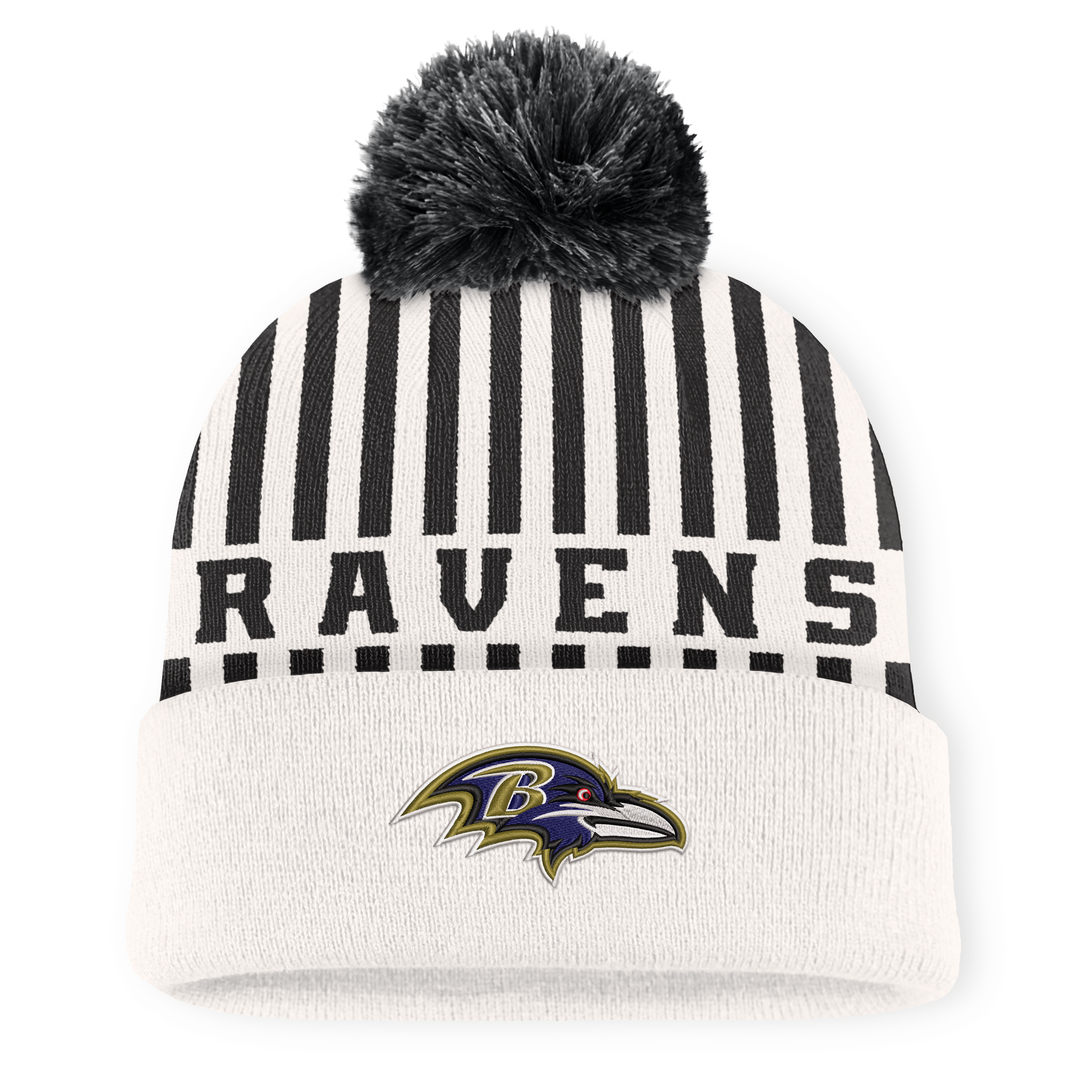 Men's Fanatics Cream/Black Baltimore Ravens Streak Cuffed Knit Hat with Pom