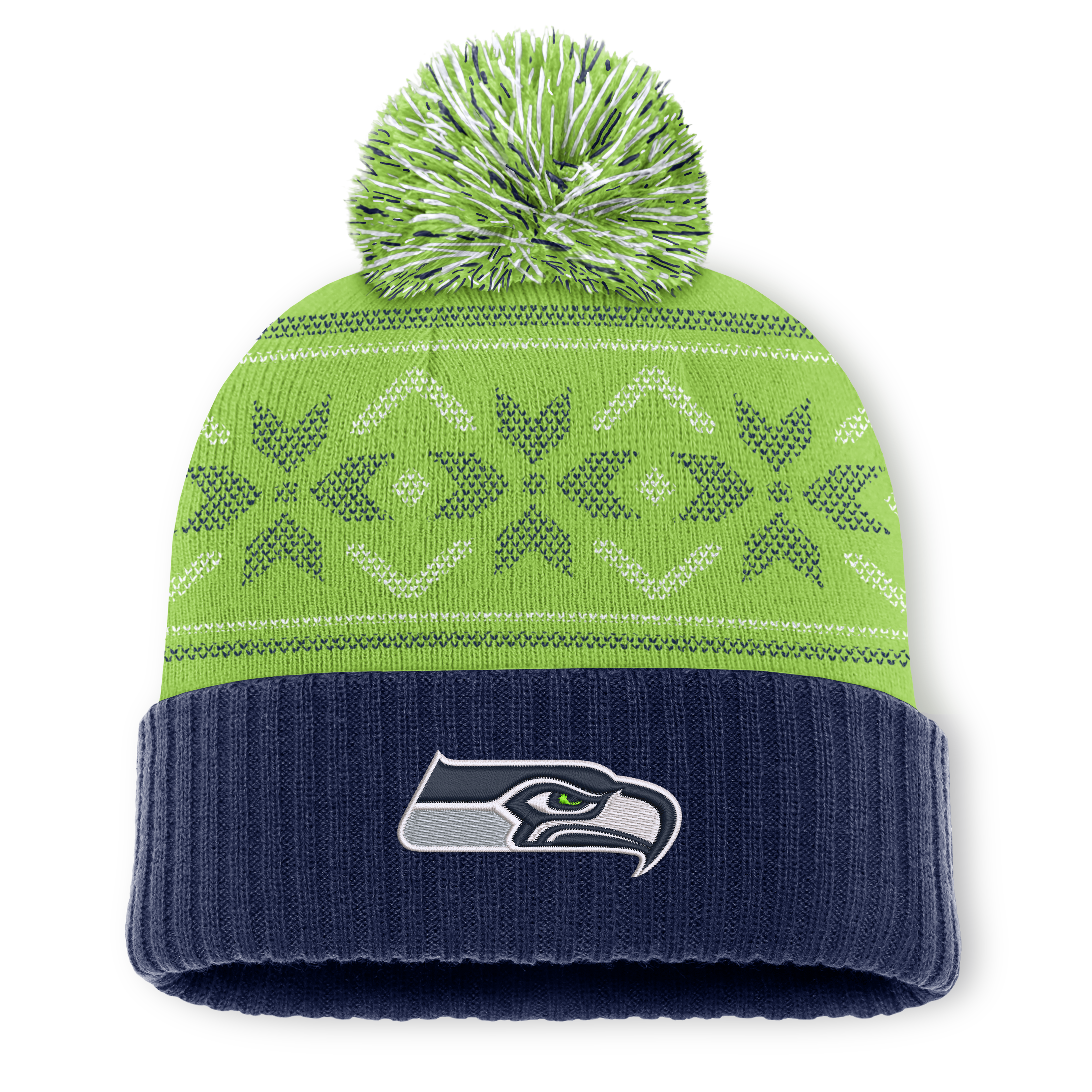 Men's Fanatics College Navy/Green Seattle Seahawks Snowday Cuffed Knit Hat with Pom