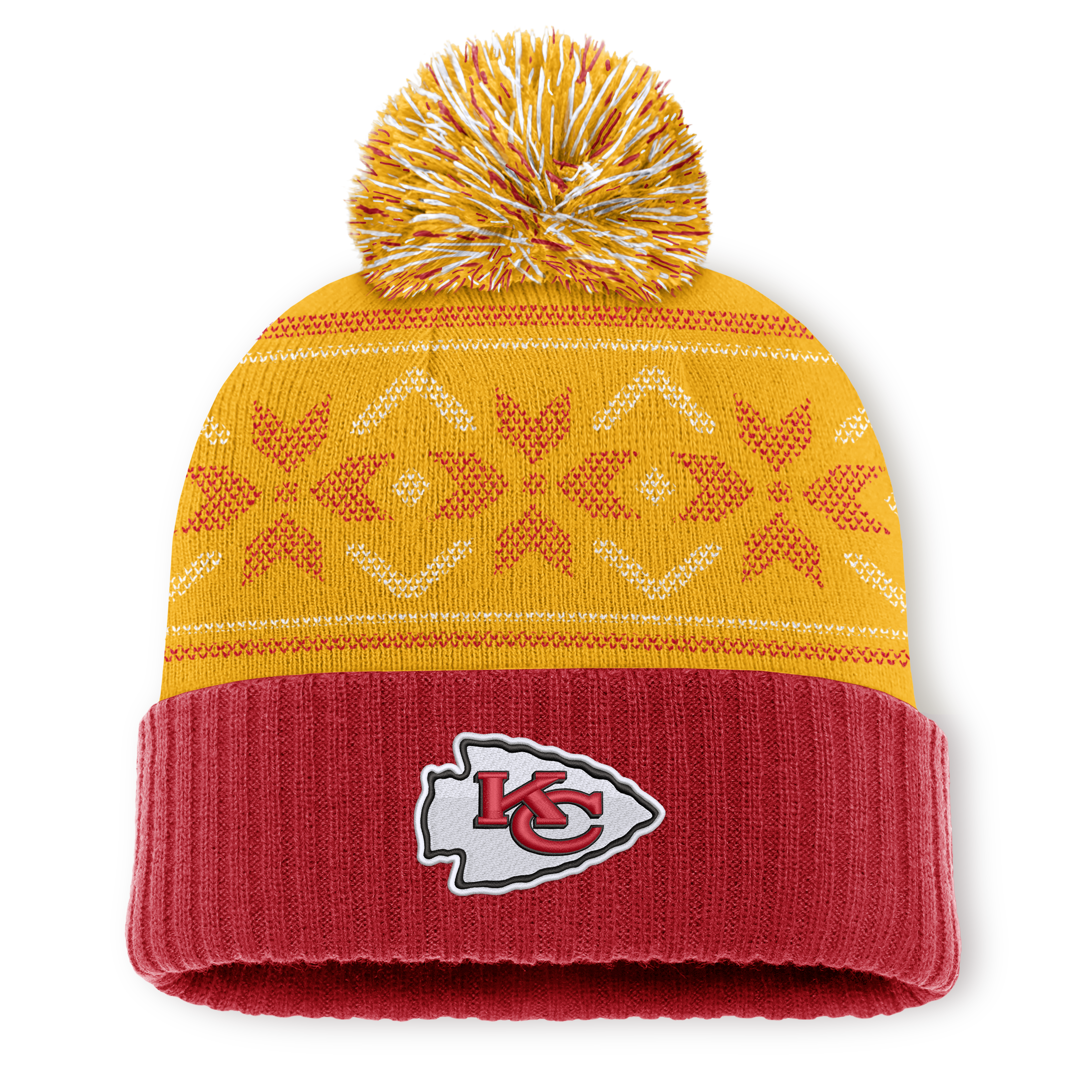 Men's Fanatics Red/Yellow Kansas City Chiefs Snowday Cuffed Knit Hat with Pom