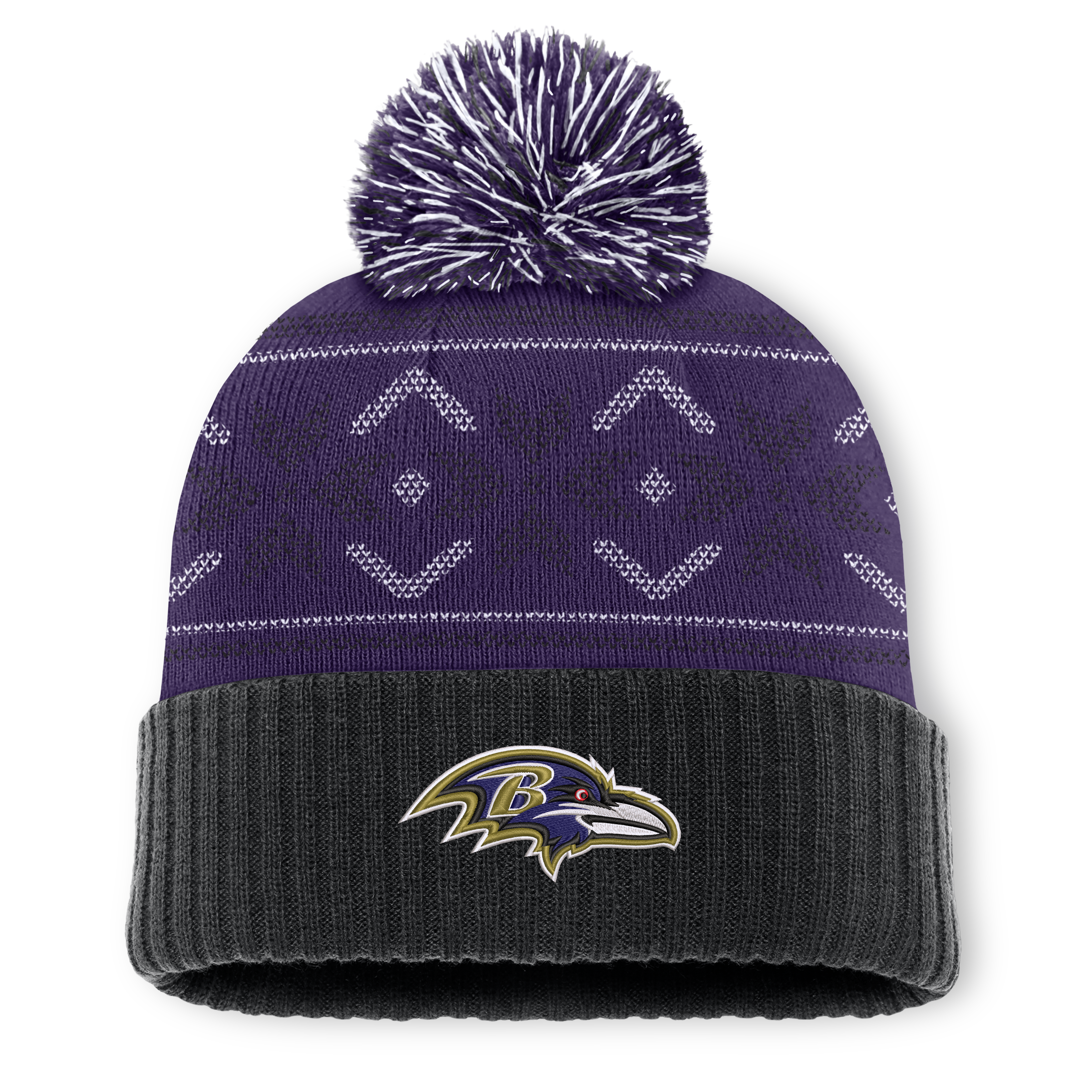 Men's Fanatics Black/Purple Baltimore Ravens Snowday Cuffed Knit Hat with Pom