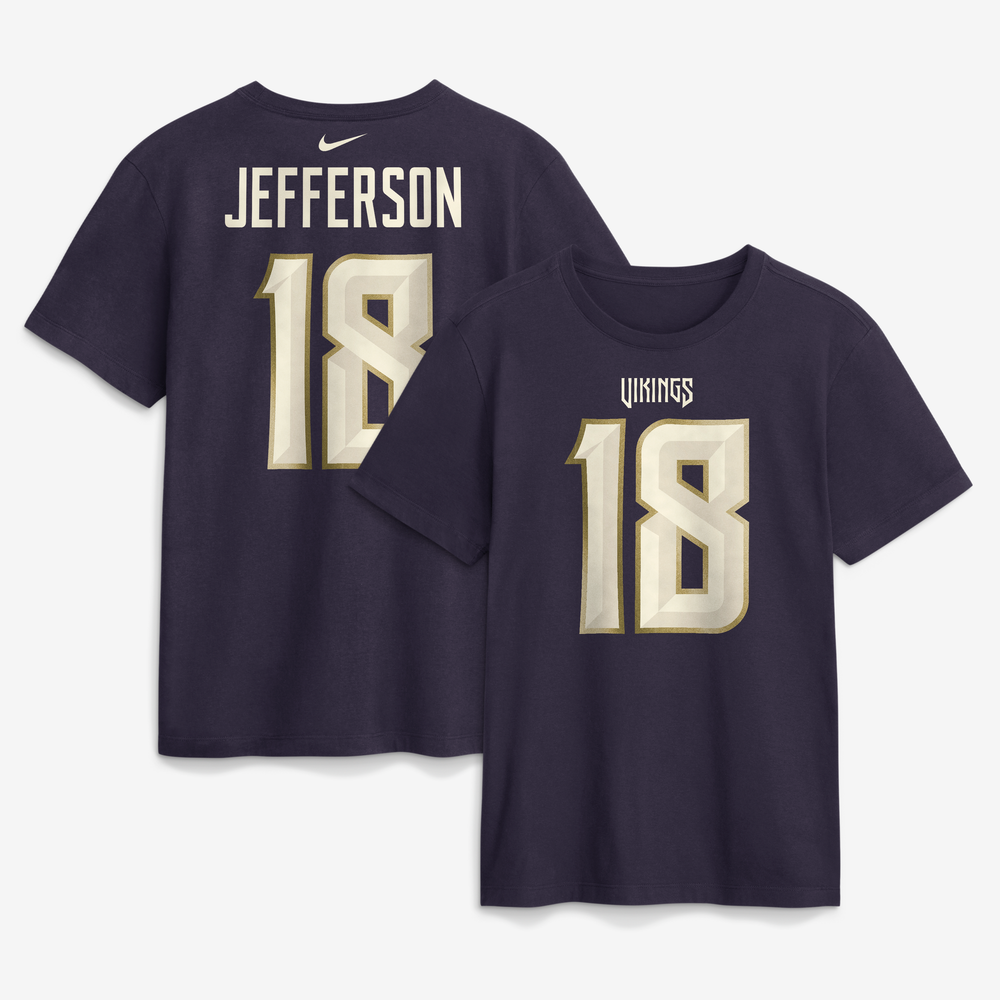 Camiseta Nike Justin Jefferson Purple Minnesota Vikings 2026 Rivalries Collection para hombre con nombre y número del jugador.