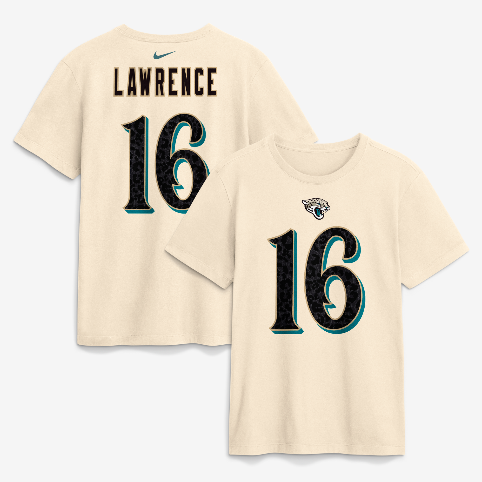 Camiseta Nike para hombre de Trevor Lawrence, color natural, de la colección Rivalries de los Jacksonville Jaguars 2026. Incluye nombre y número del jugador.