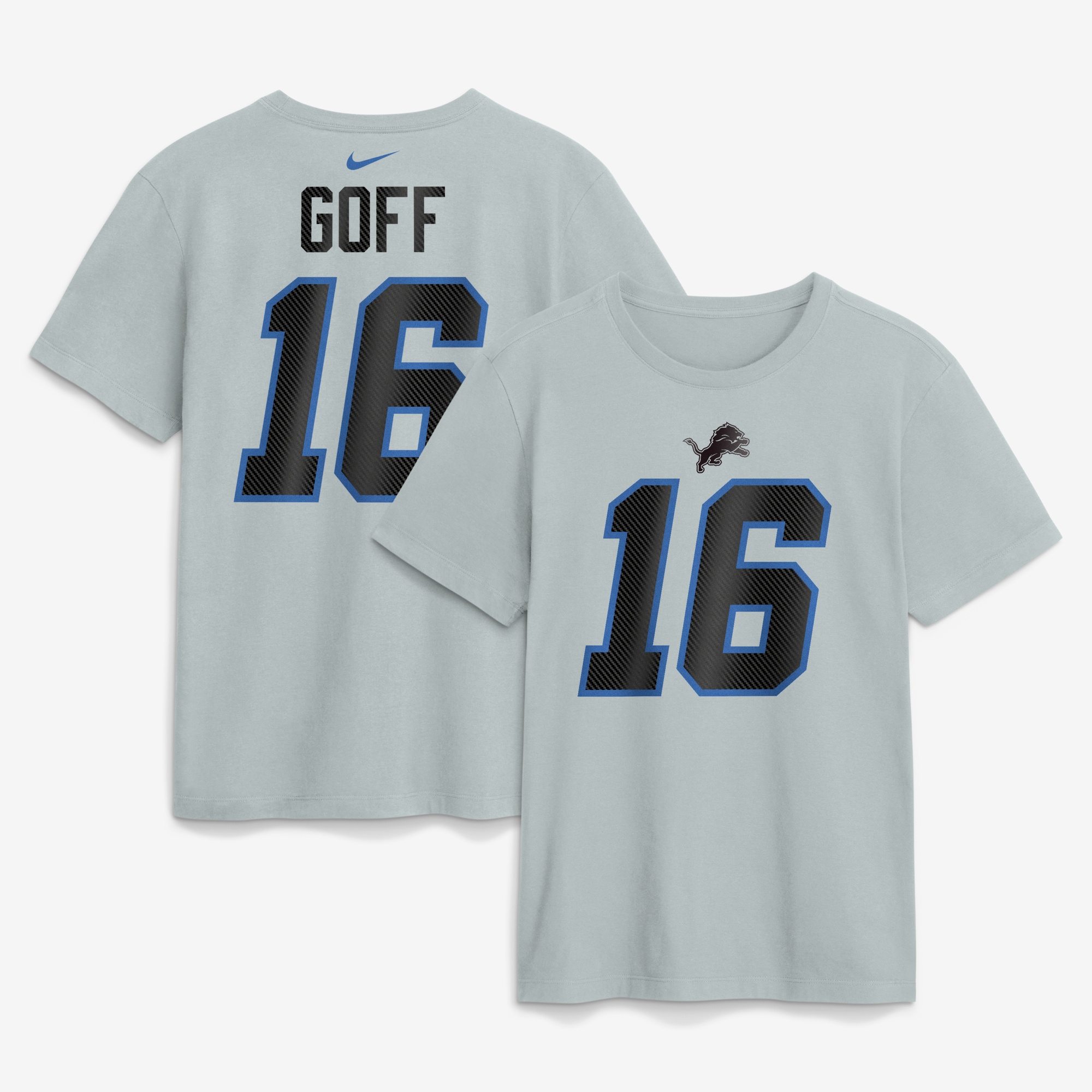 Camiseta Nike para hombre Jared Goff Silver Detroit Lions 2026 Rivalries Collection con nombre y número del jugador.