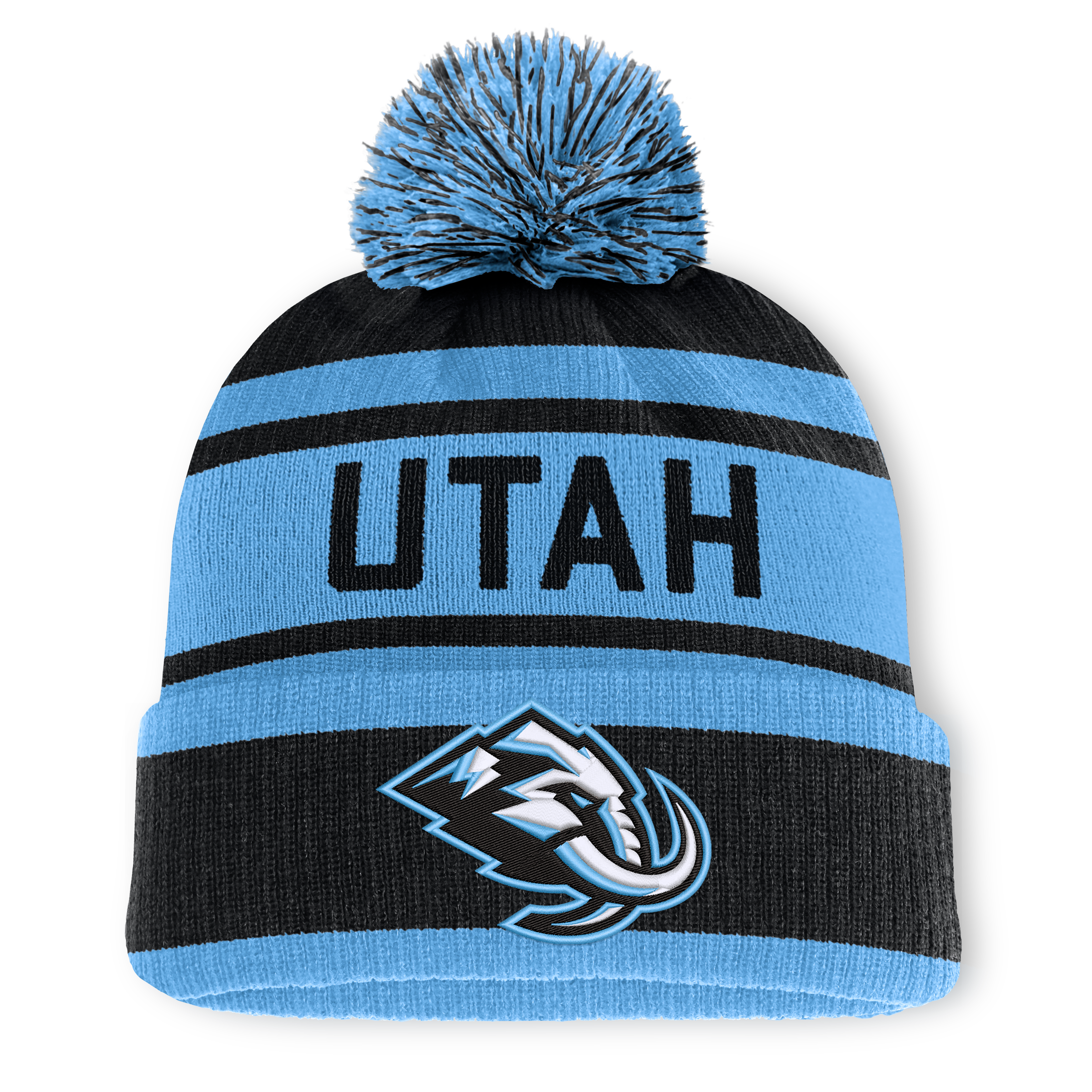 Men's Fanatics Black/Light Blue Utah Mammoth Fundamental Cuffed Knit Hat with Pom