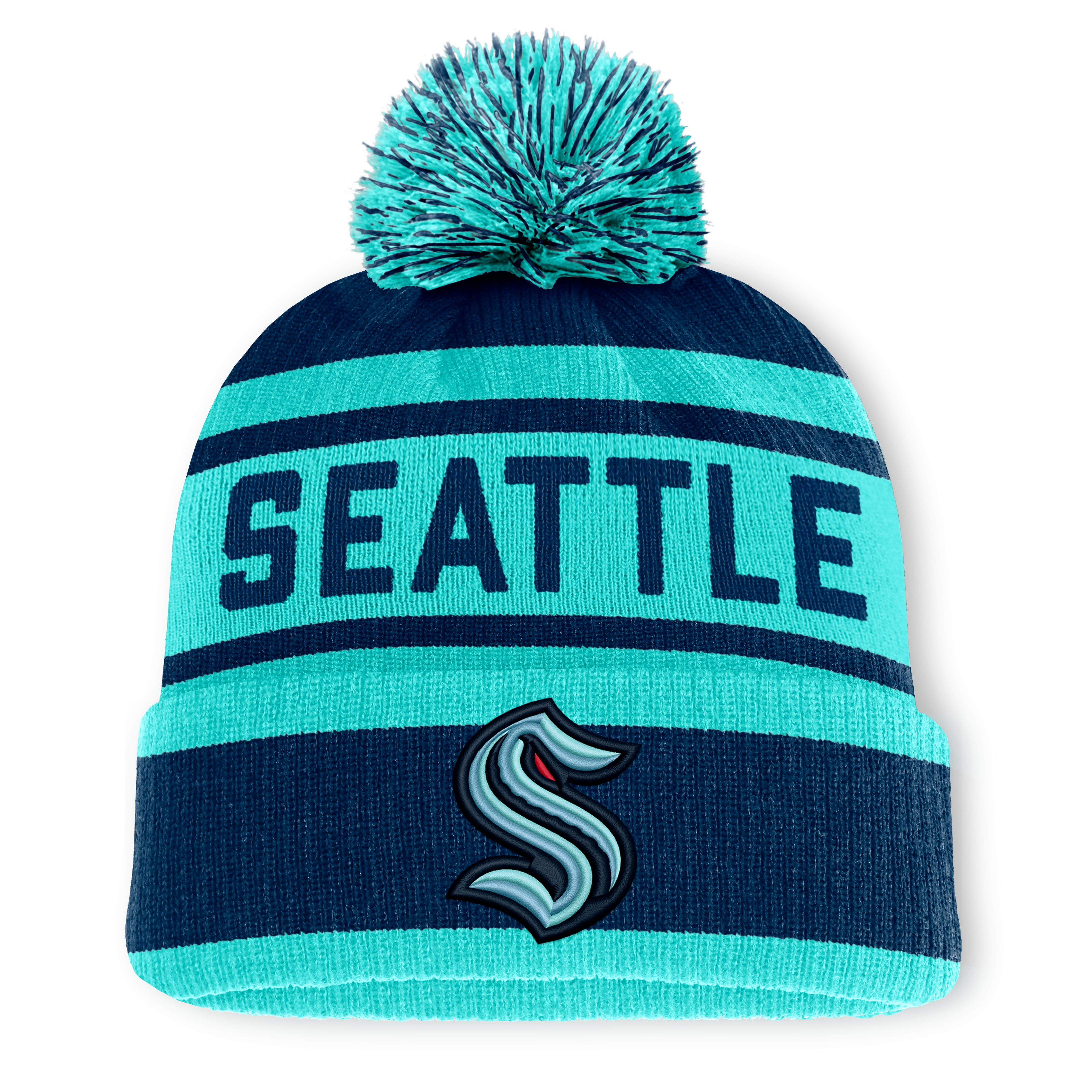 Men's Fanatics Deep Sea Blue/Light Blue Seattle Kraken Fundamental Cuffed Knit Hat with Pom