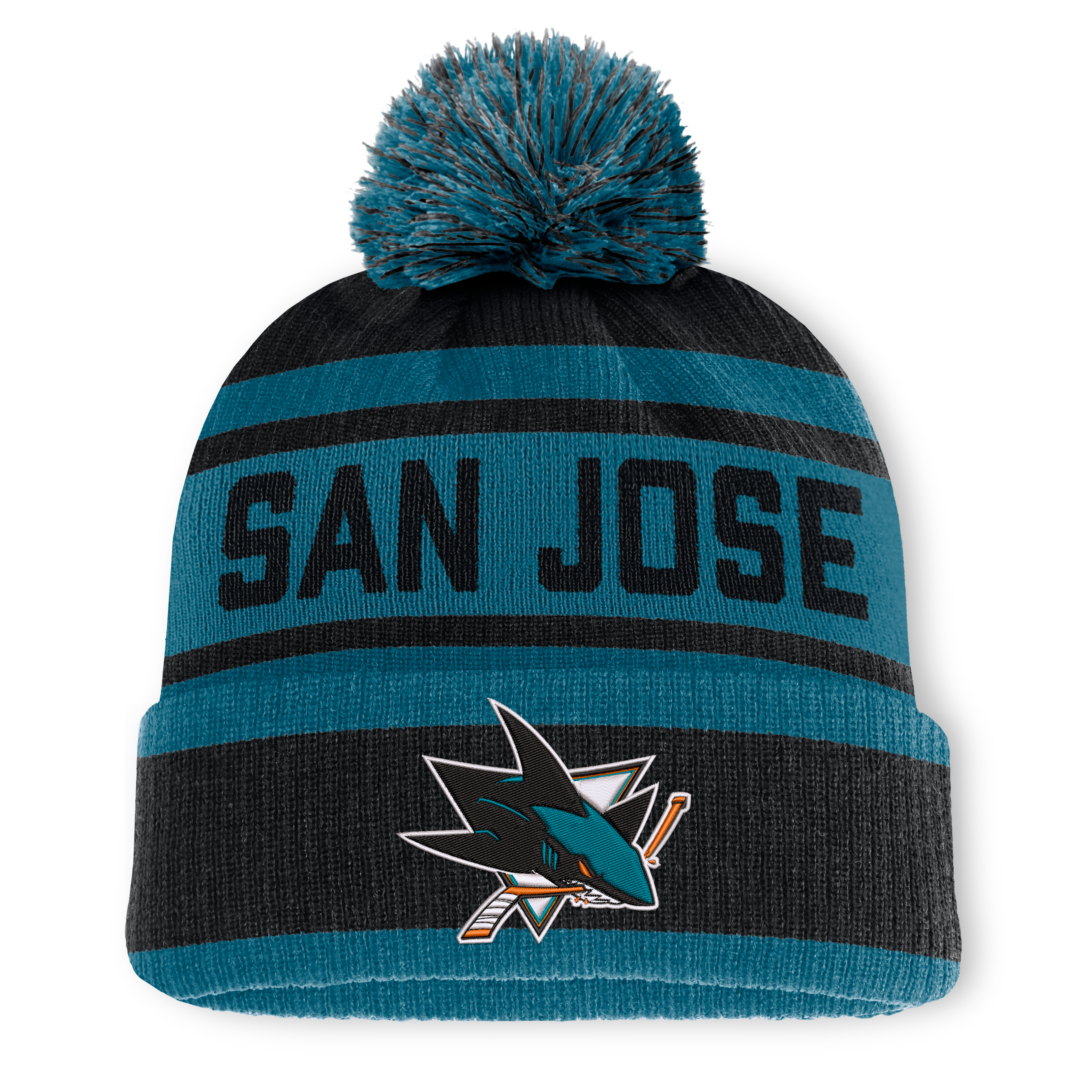 Men's Fanatics Black/Teal San Jose Sharks Fundamental Cuffed Knit Hat with Pom