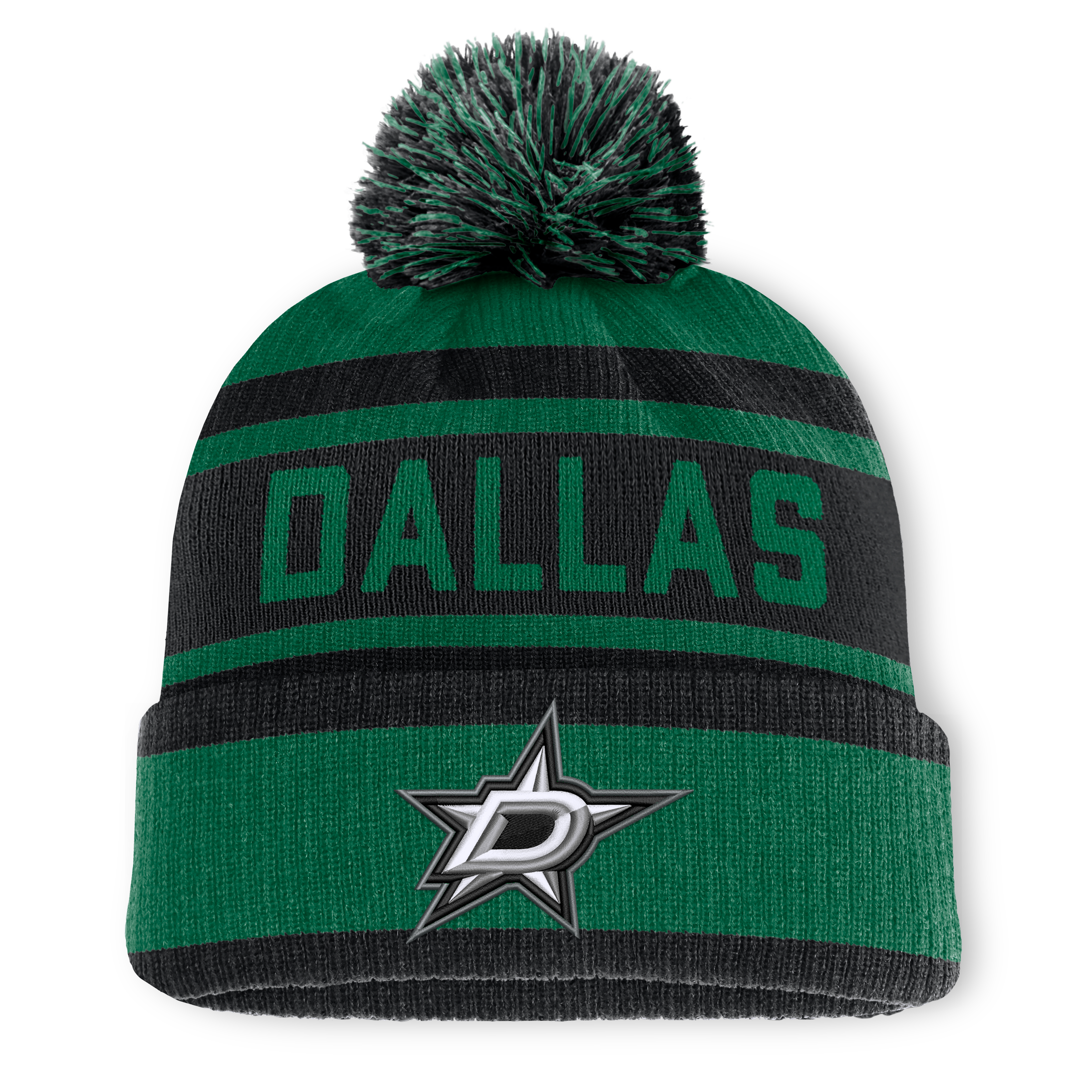 Men's Fanatics Green/Black Dallas Stars Fundamental Cuffed Knit Hat with Pom