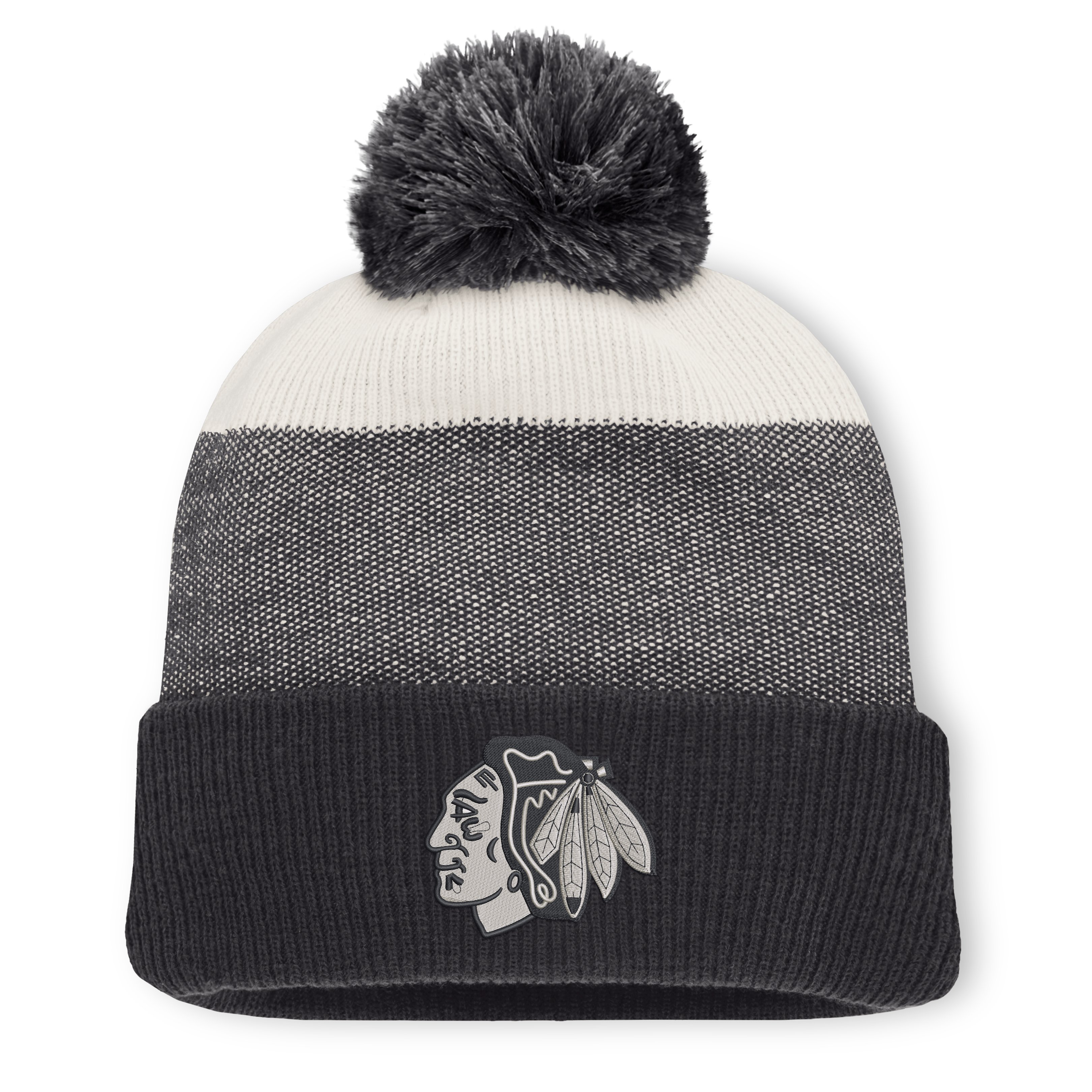 Men's Fanatics Black/Light Beige Chicago Blackhawks Monochrome Cuffed Knit Hat with Pom