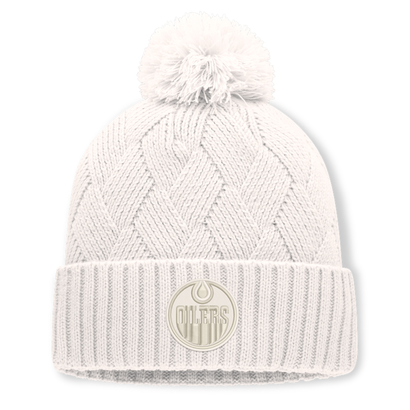 Women's Fanatics Cream Edmonton Oilers Level Up Cuffed Knit Hat with Pom