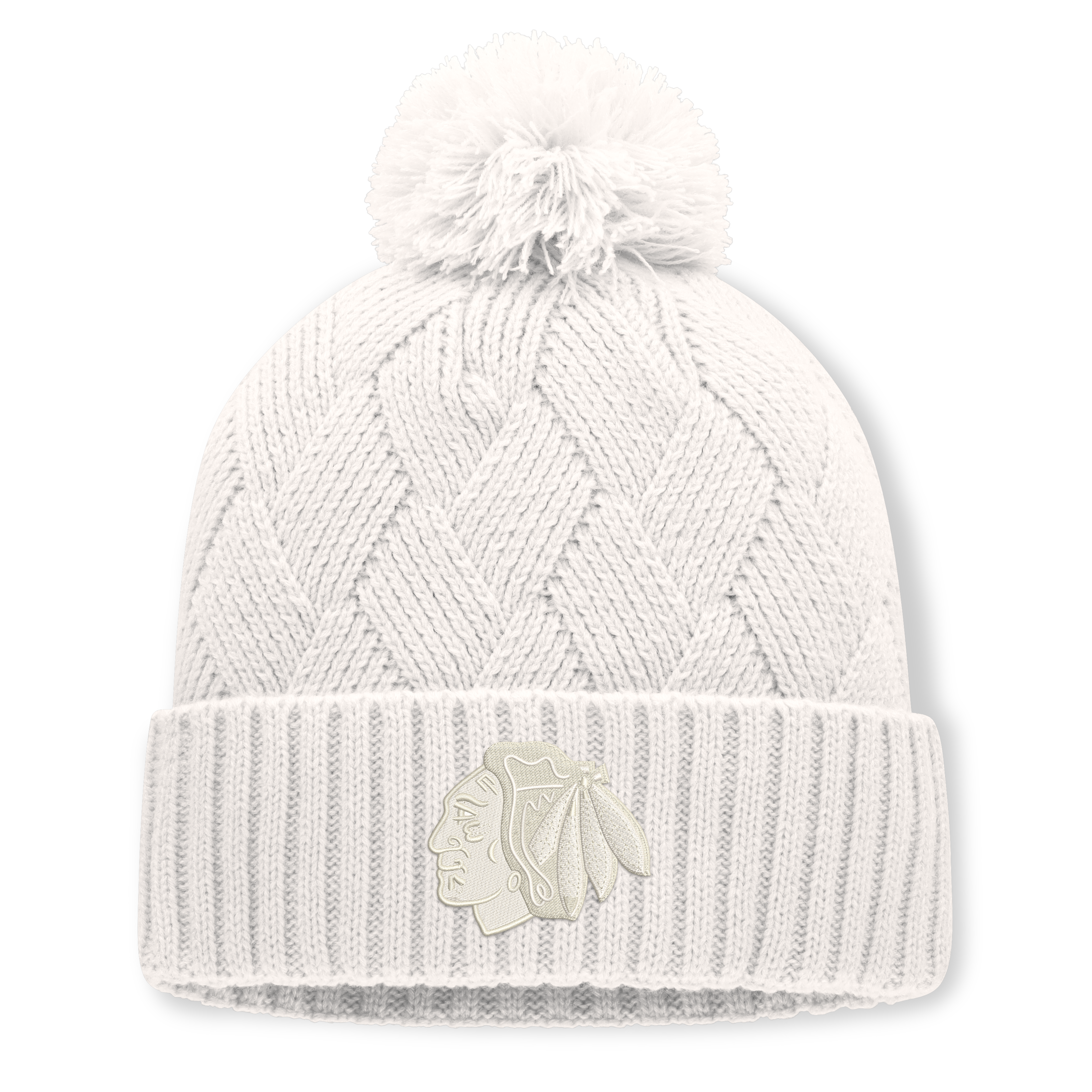 Women's Fanatics Cream Chicago Blackhawks Level Up Cuffed Knit Hat with Pom