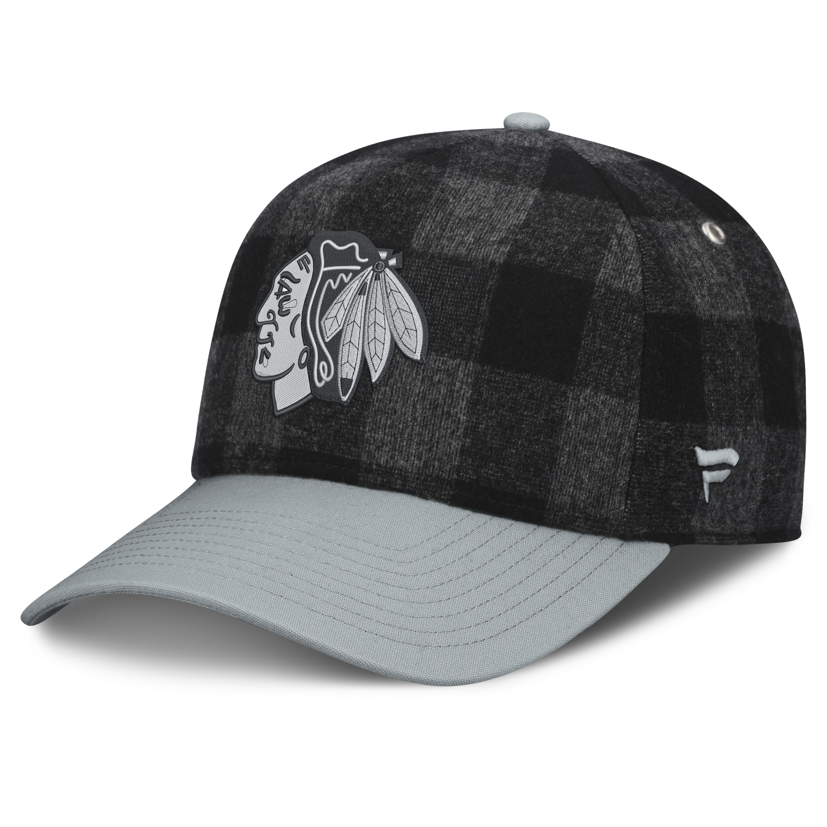 Men's Fanatics Black/Gray Chicago Blackhawks Huntsman Plaid A-Frame Adjustable Hat