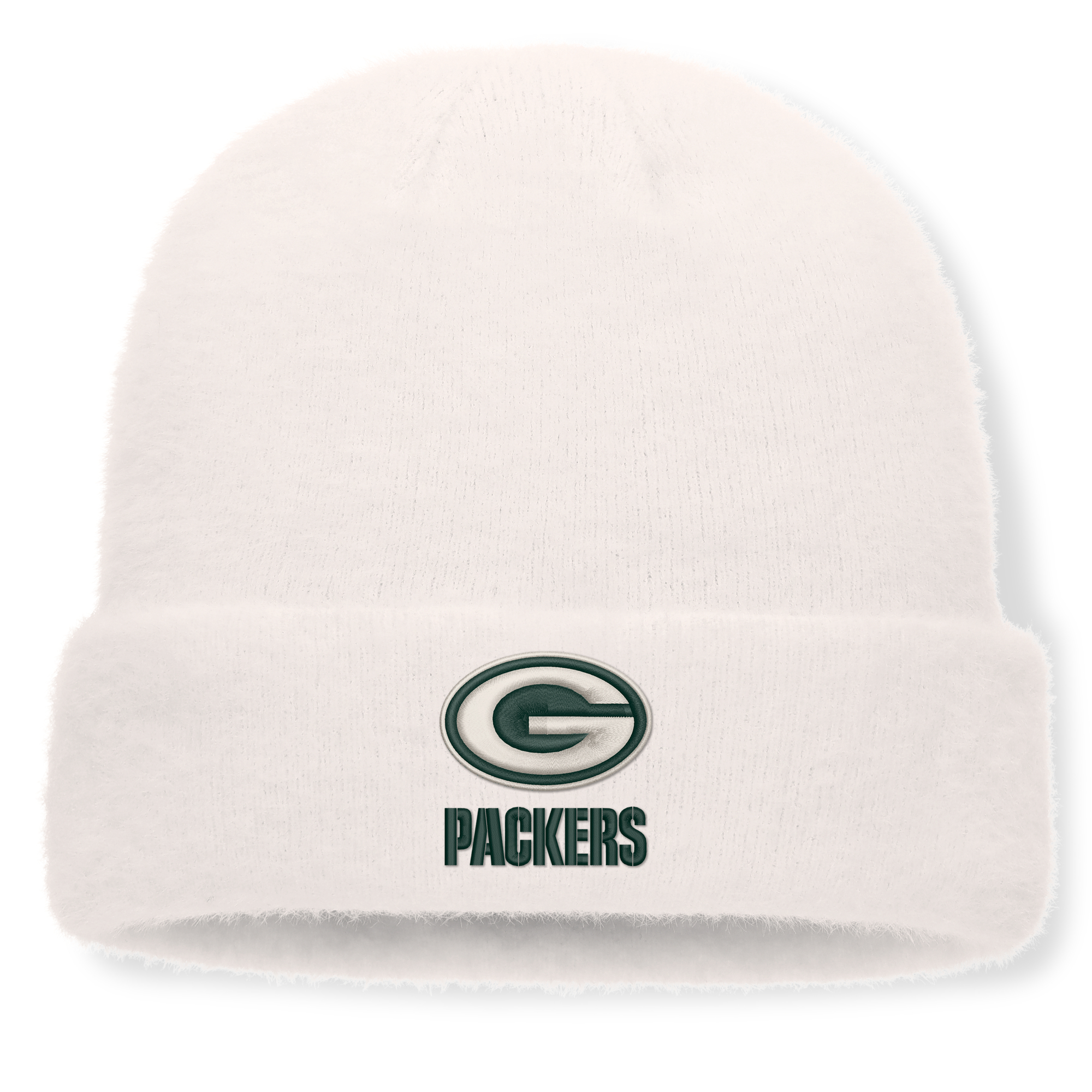 Women's Fanatics White Green Bay Packers Puff Fuzzy Fleece Cuffed Knit Hat