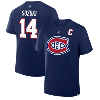 Men's Fanatics Nick Suzuki Navy Montreal Canadiens Authentic Stack Name & Number T-Shirt