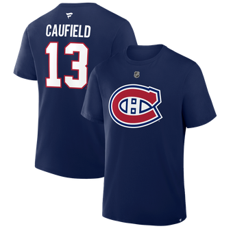 Men's Fanatics Cole Caufield Navy Montreal Canadiens Authentic Stack Name & Number T-Shirt