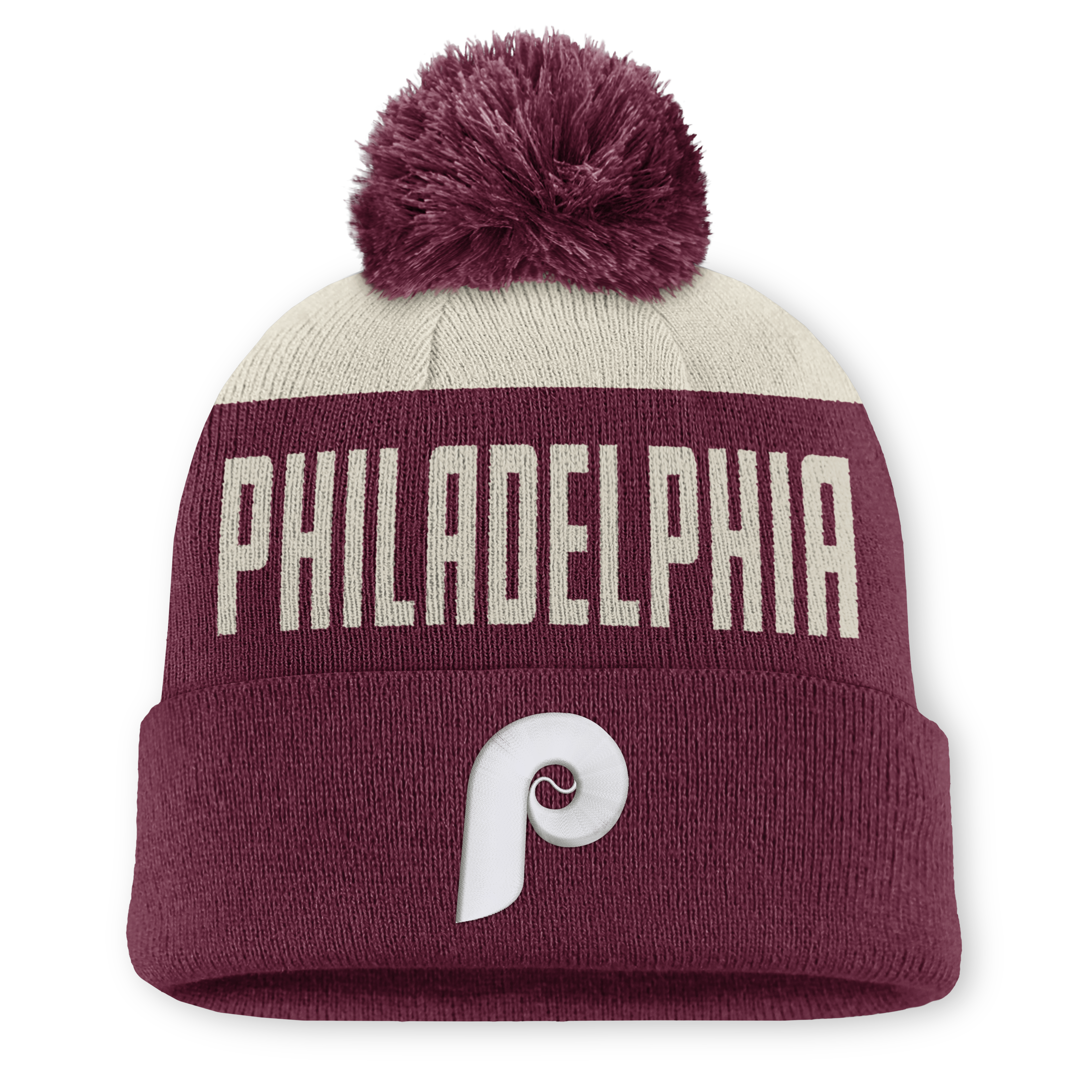Men's Nike White/Maroon Philadelphia Phillies Cooperstown Collection Peak Standard Cuffed Knit Hat with Pom